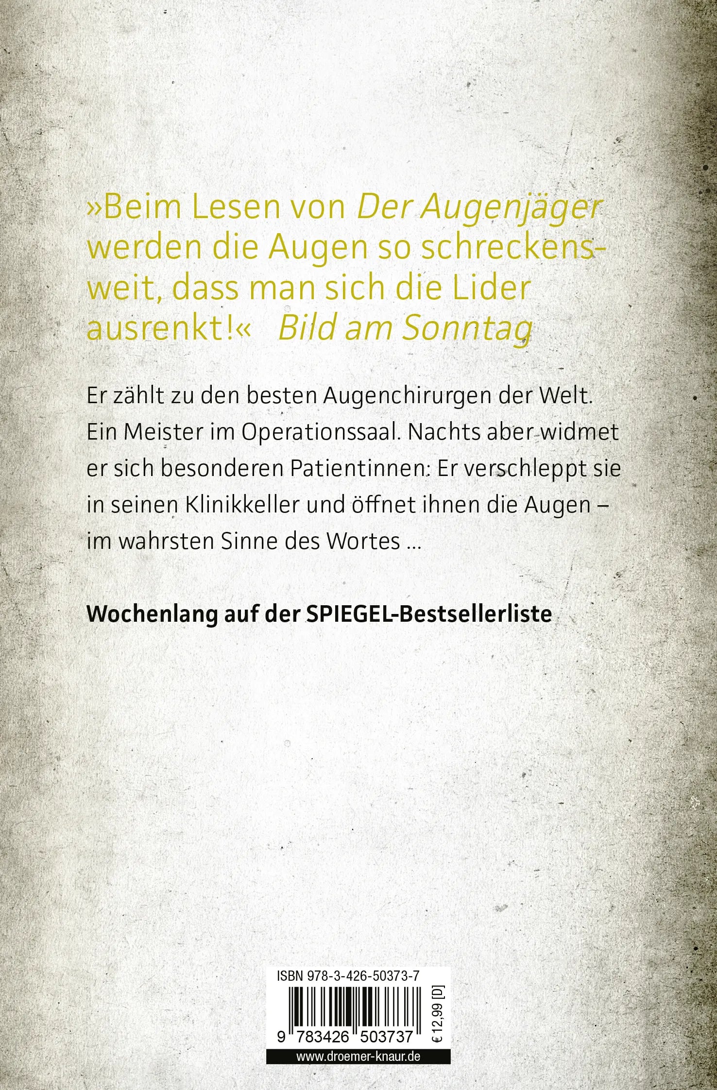 Buchrückseite von 'Der Augenjäger' mit Klappentext - Taschenbuch