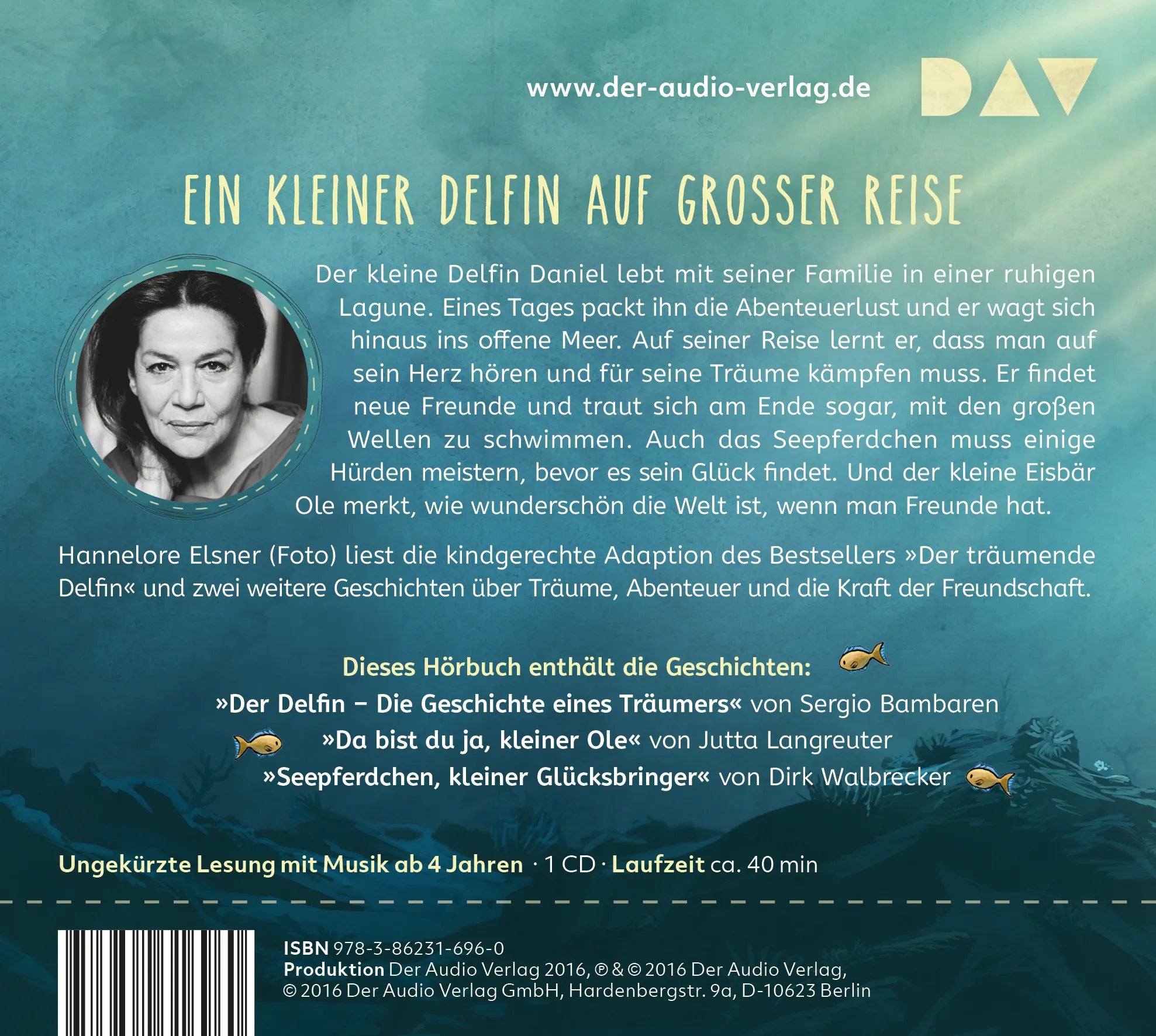 Buchrückseite von 'Der Delfin – Die Geschichte eines Träumers' mit Klappentext - Hörbuch (CD)