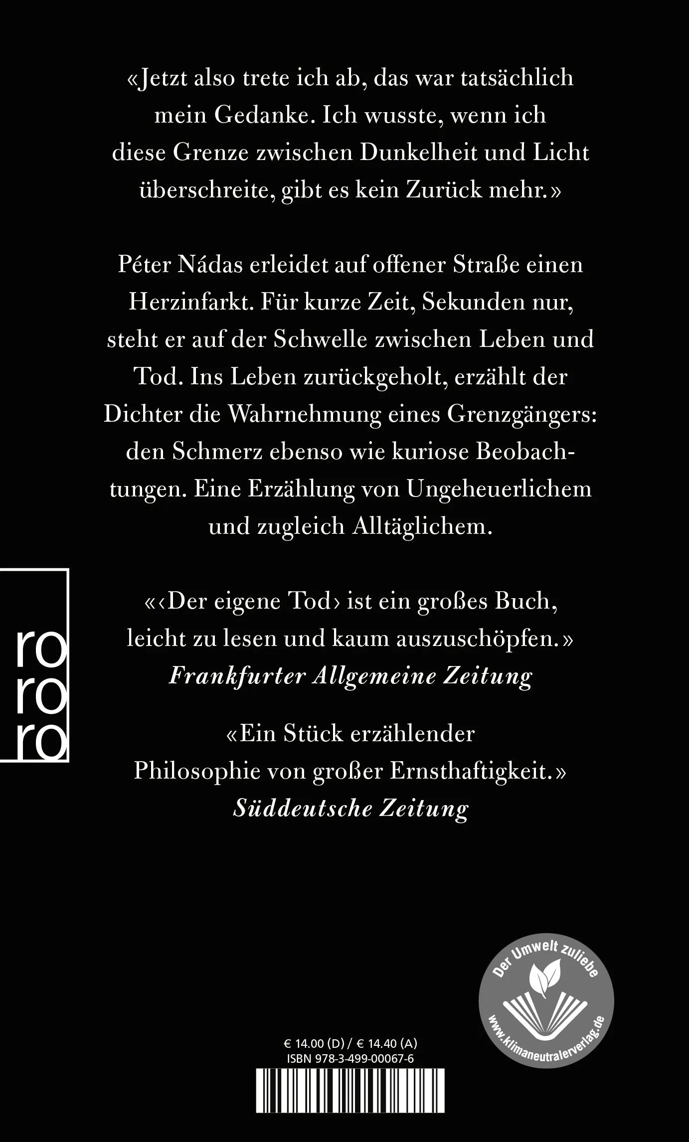 Buchrückseite von 'Der eigene Tod' mit Klappentext - Taschenbuch