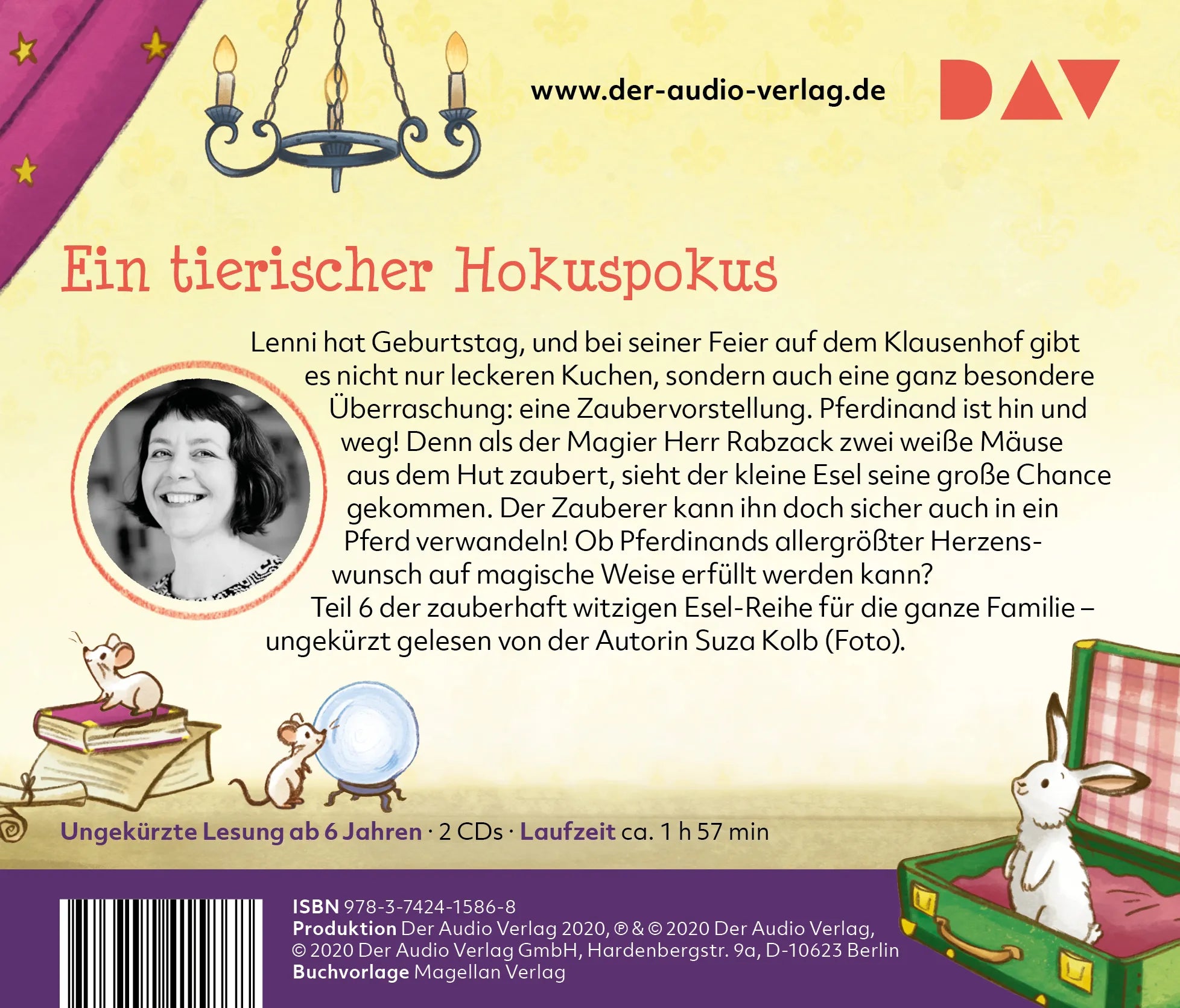 Buchrückseite von 'Der Esel Pferdinand – Teil 6: Abrakadabra, einmal grauer Esel!' mit Klappentext - Hörbuch (CD)