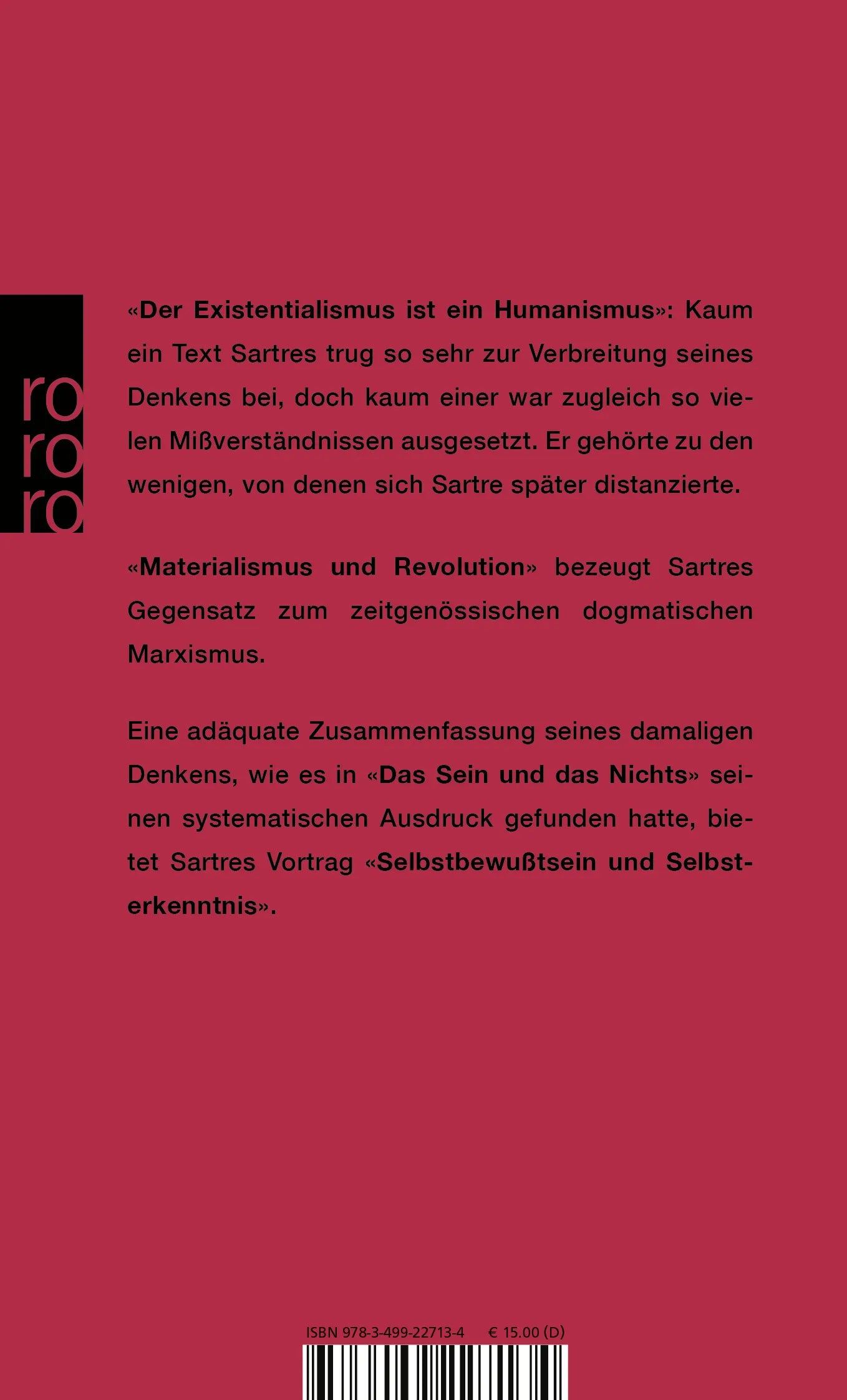 Buchrückseite von 'Der Existentialismus ist ein Humanismus' mit Klappentext - Taschenbuch