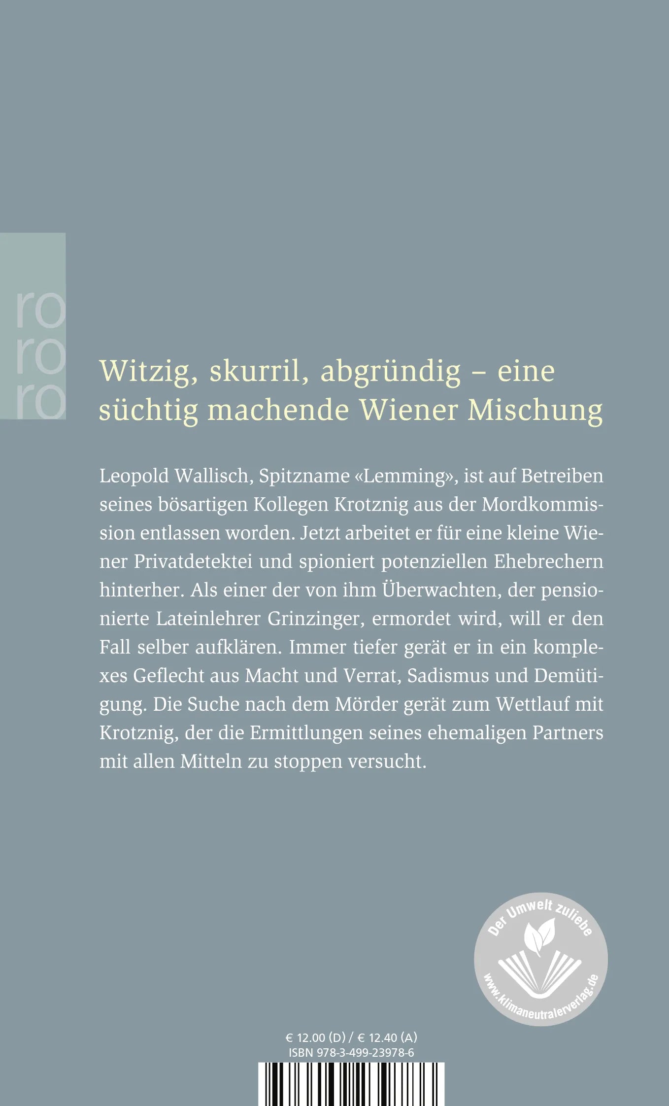 Buchrückseite von 'Der Fall des Lemming' mit Klappentext - Taschenbuch