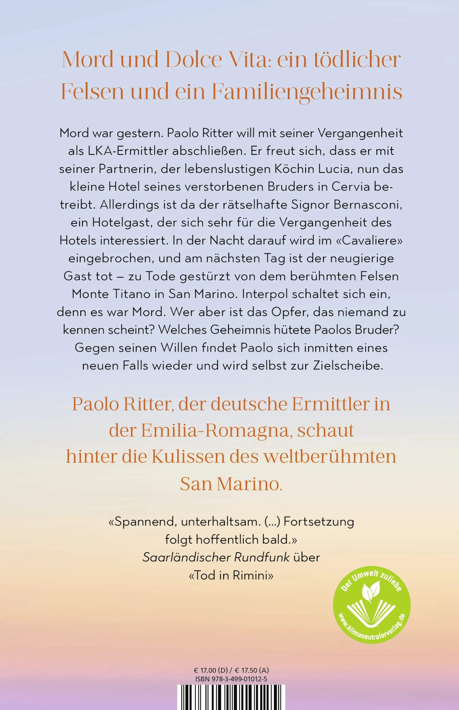 Buchrückseite von 'Der Fall San Marino' mit Klappentext - Paperback