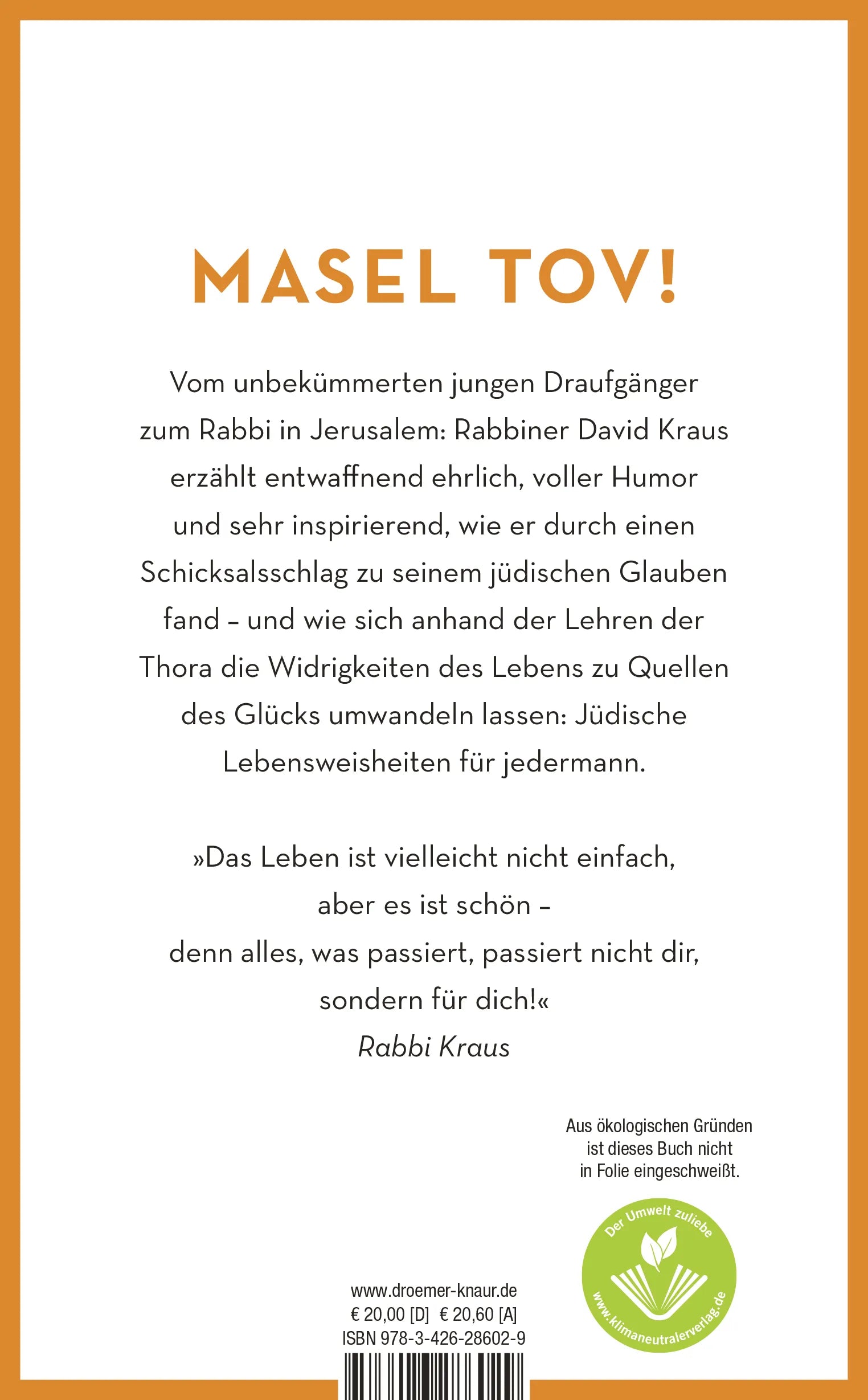 Buchrückseite von 'Der fröhliche Rabbi und die verschlungenen Wege zum Glück' mit Klappentext - Gebundene Ausgabe