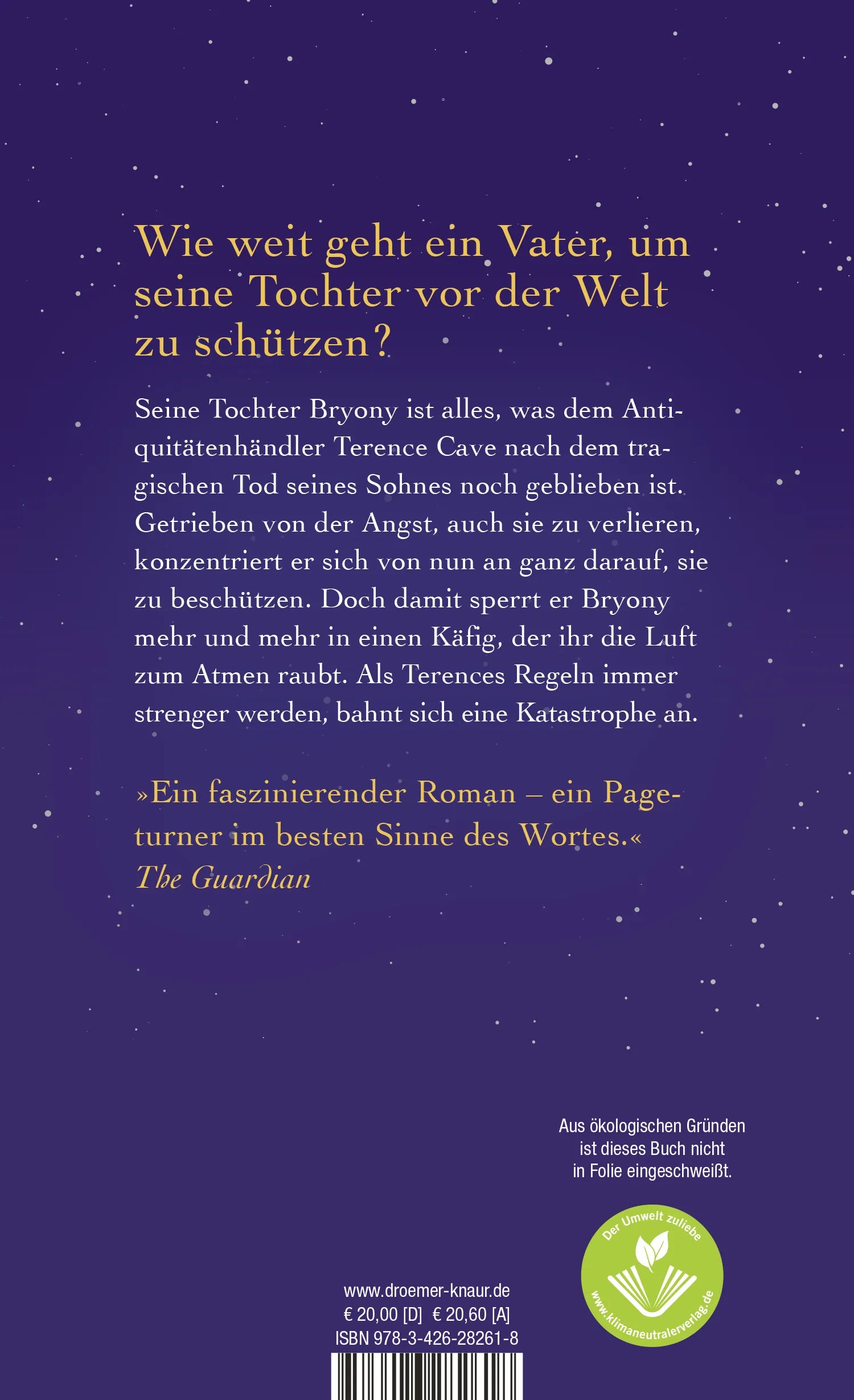 Buchrückseite von 'Der fürsorgliche Mr. Cave' mit Klappentext - Gebundene Ausgabe