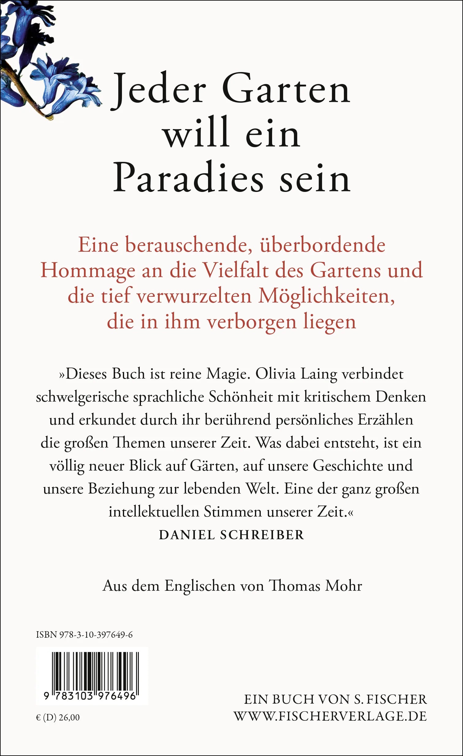 Buchrückseite von 'Der Garten und die Zeit' mit Klappentext - Gebundene Ausgabe