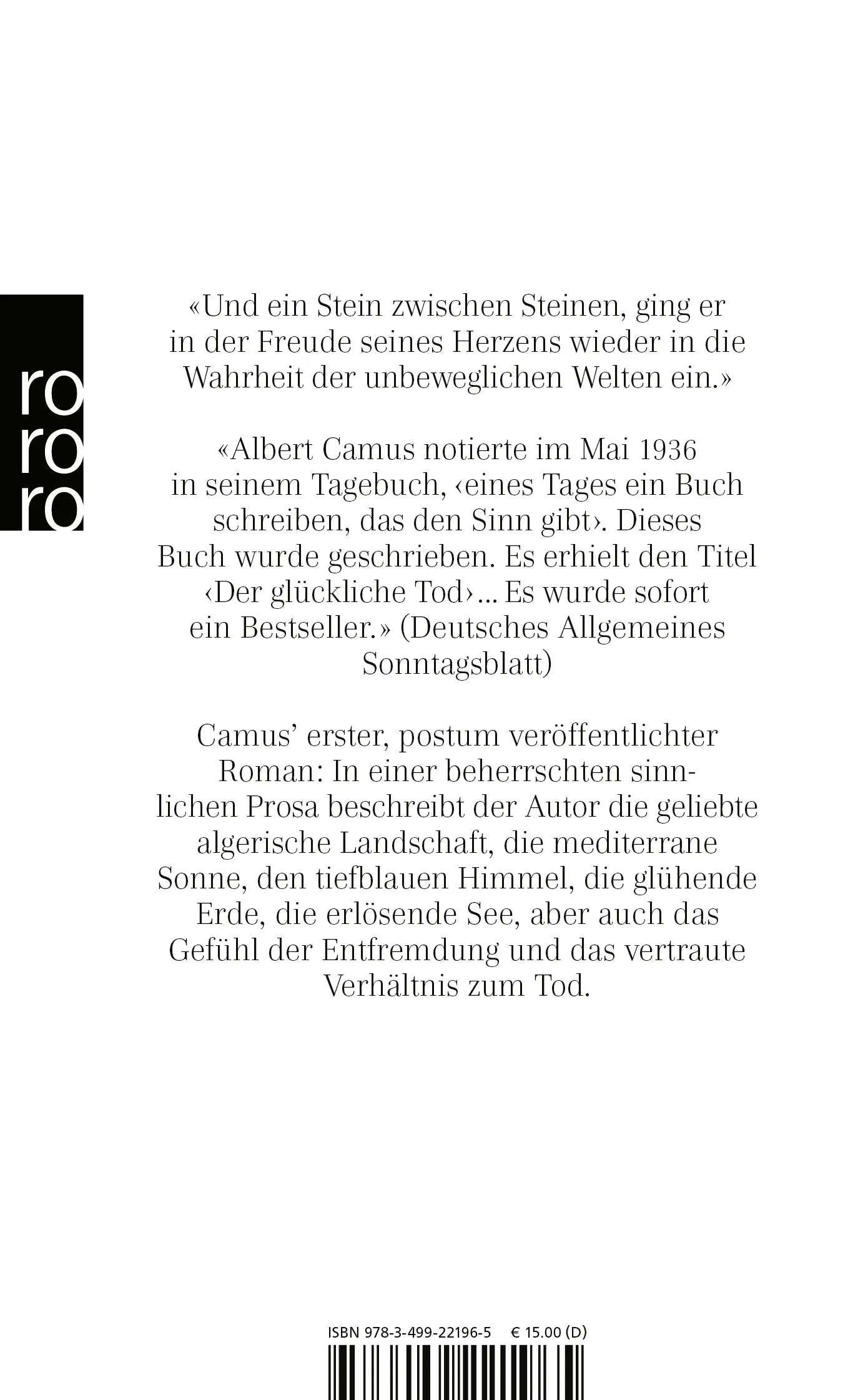 Buchrückseite von 'Der glückliche Tod' mit Klappentext - Taschenbuch