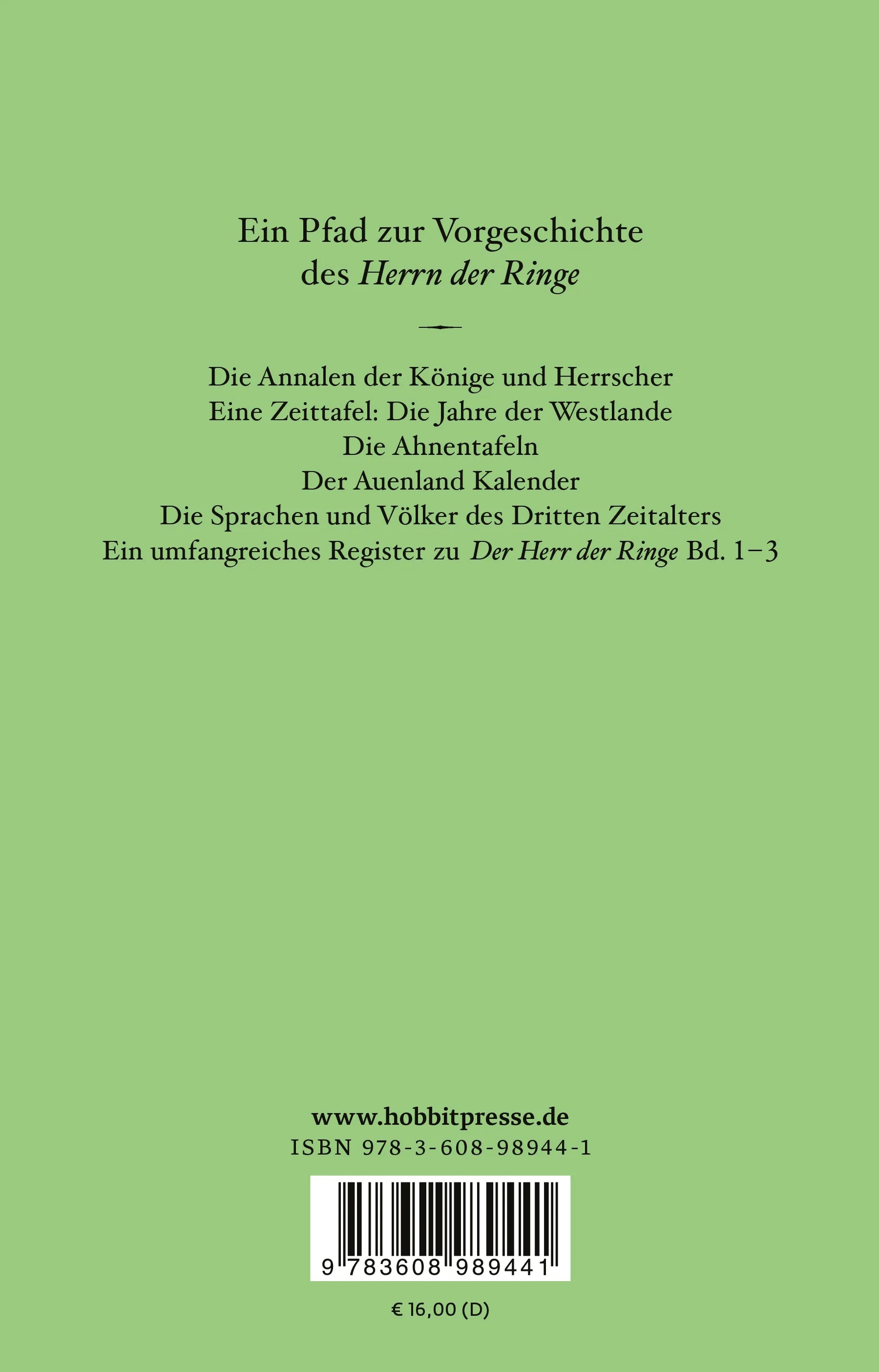 Buchrückseite von 'Der Herr der Ringe - Anhänge und Register' mit Klappentext - Paperback