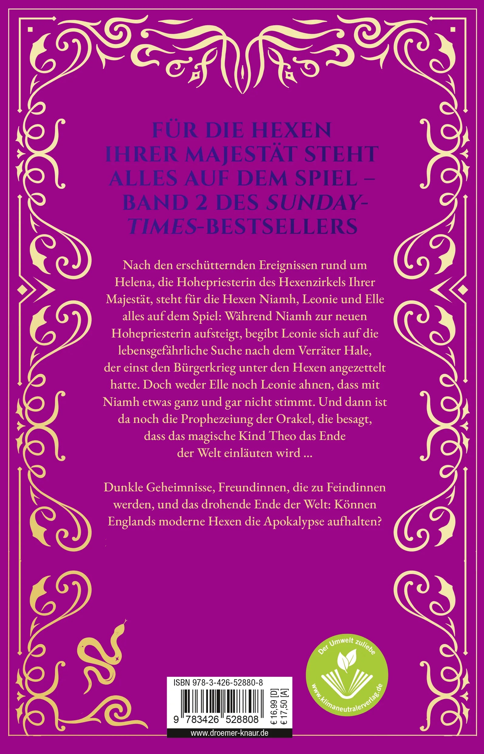 Buchrückseite von 'Der Hexenzirkel Ihrer Majestät. Die falsche Schwester' mit Klappentext - Paperback
