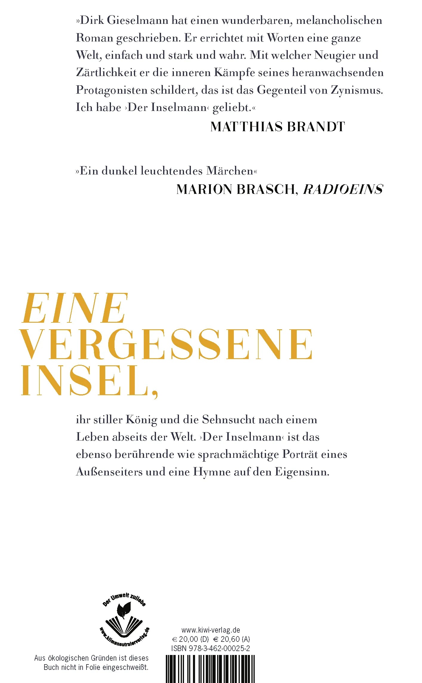 Buchrückseite von 'Der Inselmann' mit Klappentext - Gebundene Ausgabe