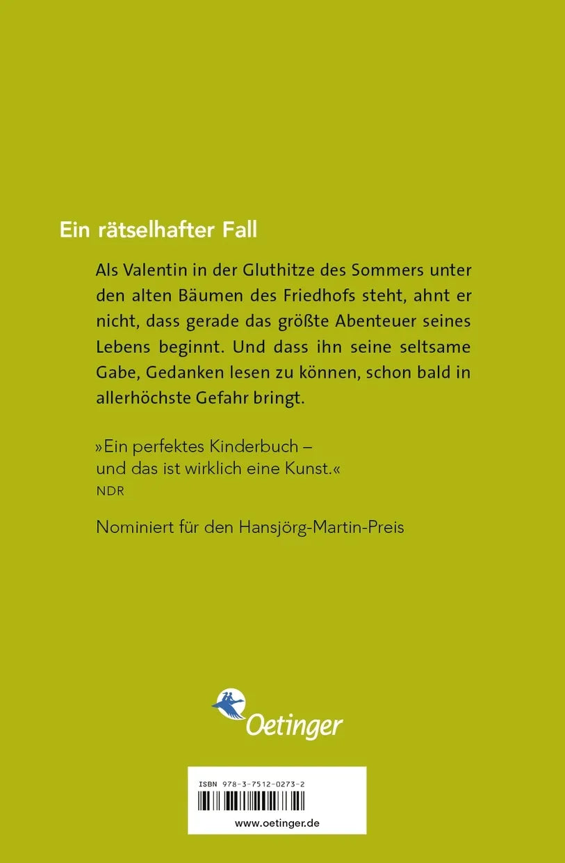 Buchrückseite von 'Der Junge, der Gedanken lesen konnte' mit Klappentext - Taschenbuch