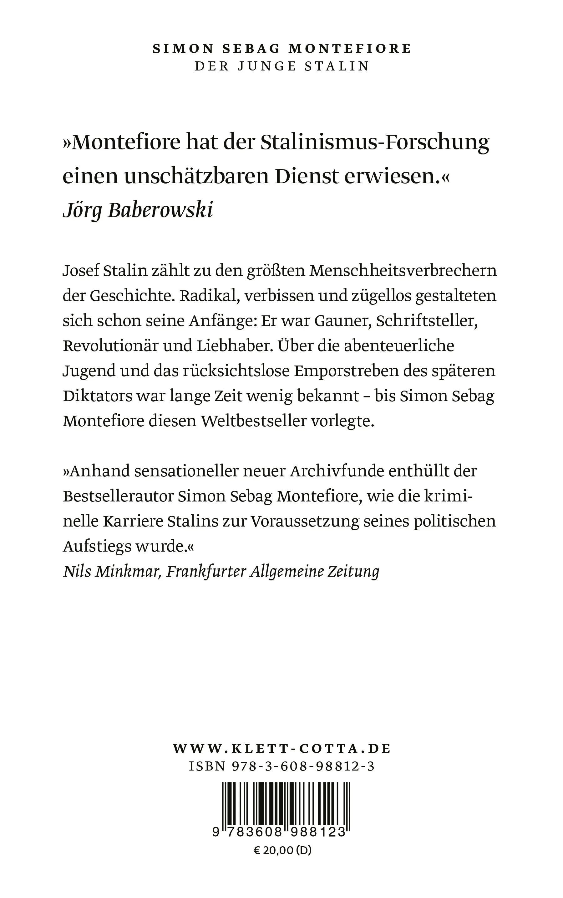 Buchrückseite von 'Der junge Stalin' mit Klappentext - Taschenbuch