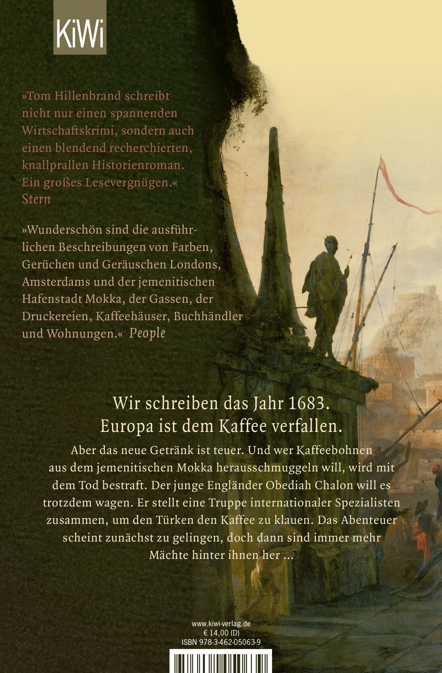 Buchrückseite von 'Der Kaffeedieb' mit Klappentext - Taschenbuch