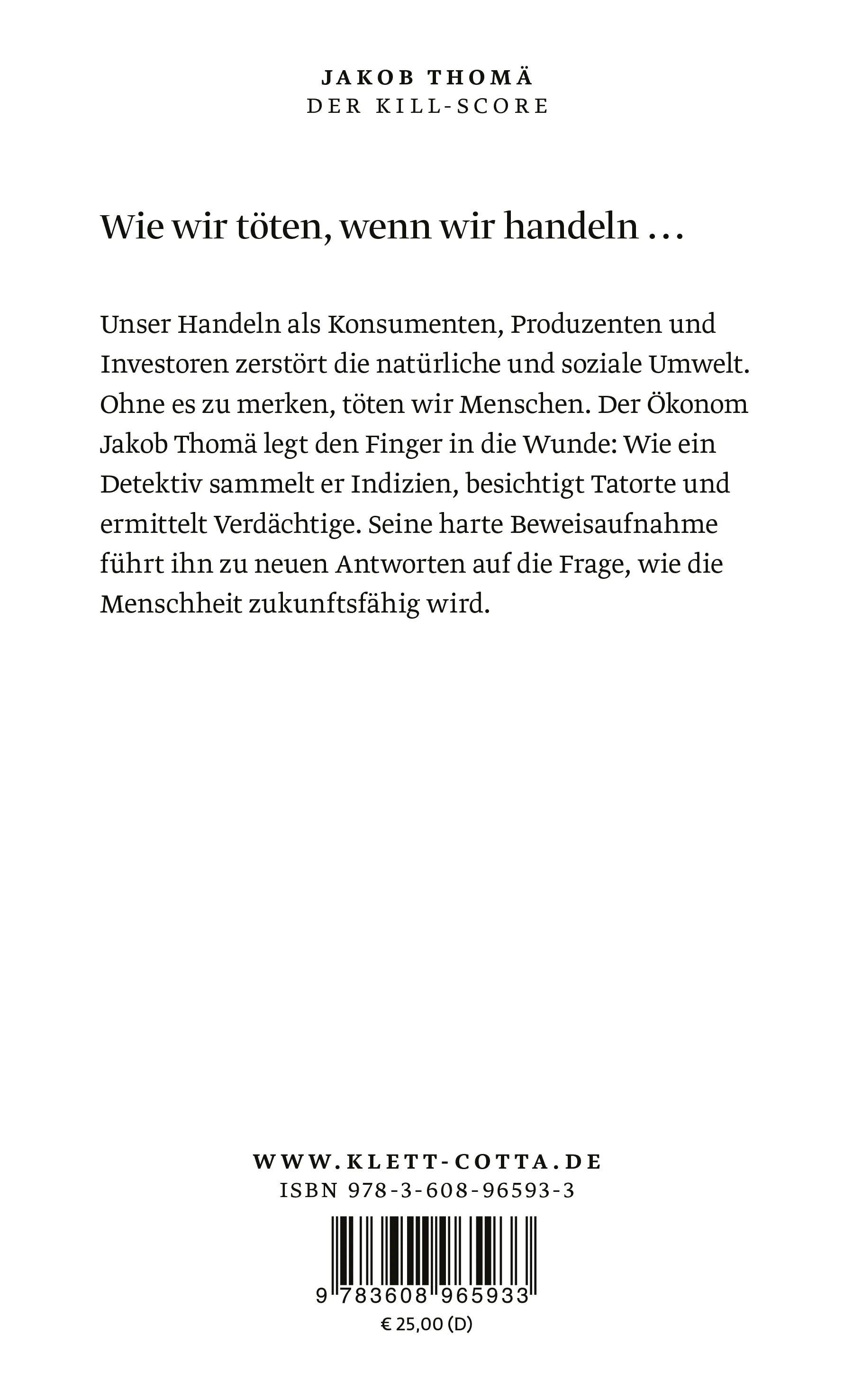 Buchrückseite von 'Der Kill-Score' mit Klappentext - Gebundene Ausgabe