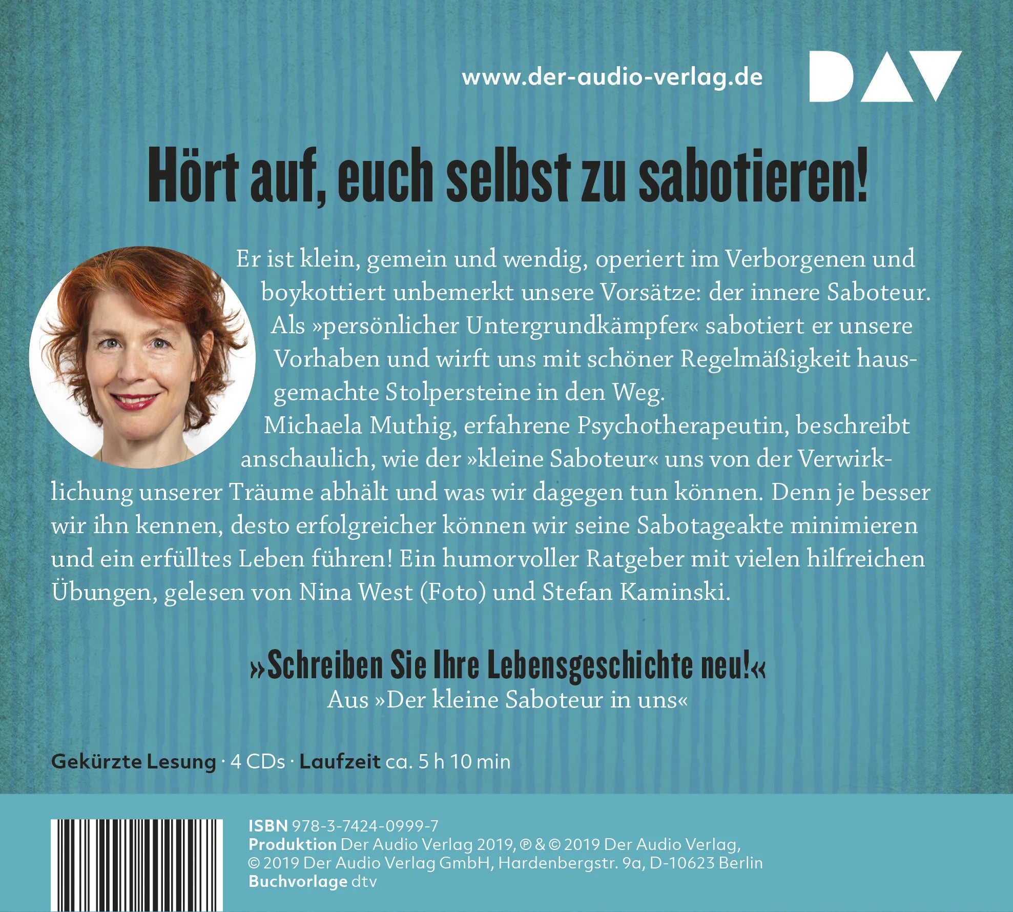 Buchrückseite von 'Der kleine Saboteur in uns – Unbewusste Widerstände erkennen und auflösen' mit Klappentext - Hörbuch (CD)