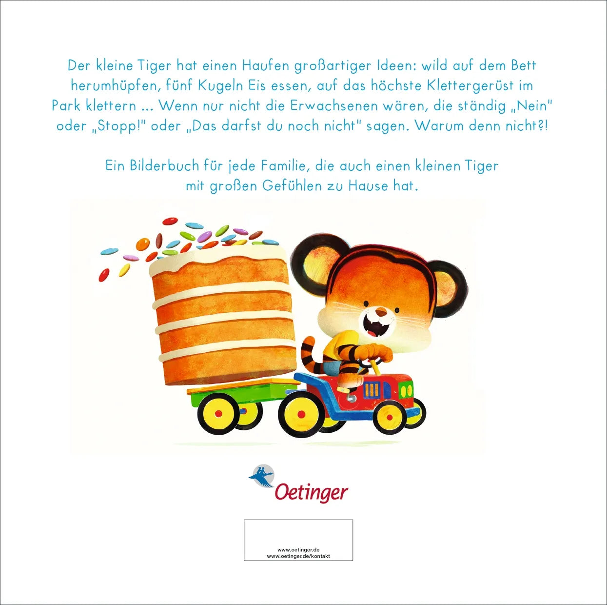Buchrückseite von 'Der kleine Tiger fragt. Warum denn nicht?' mit Klappentext - Gebundene Ausgabe
