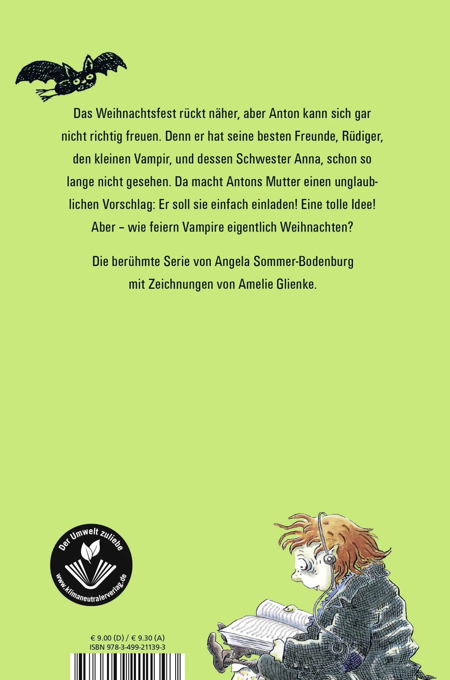 Buchrückseite von 'Der kleine Vampir feiert Weihnachten' mit Klappentext - Taschenbuch