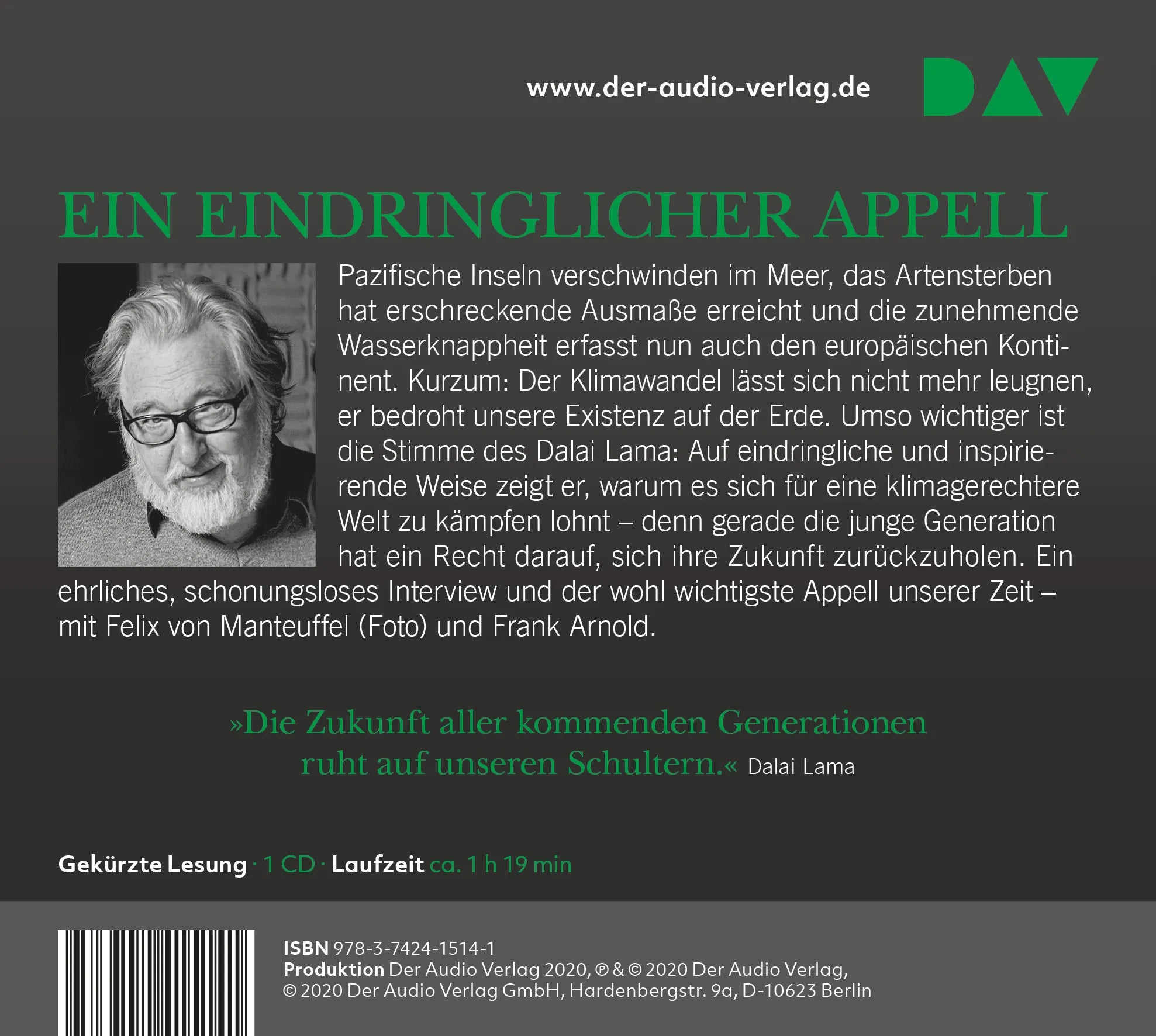 Buchrückseite von 'Der Klima-Appell des Dalai Lama an die Welt. Schützt unsere Umwelt' mit Klappentext - Hörbuch (CD)