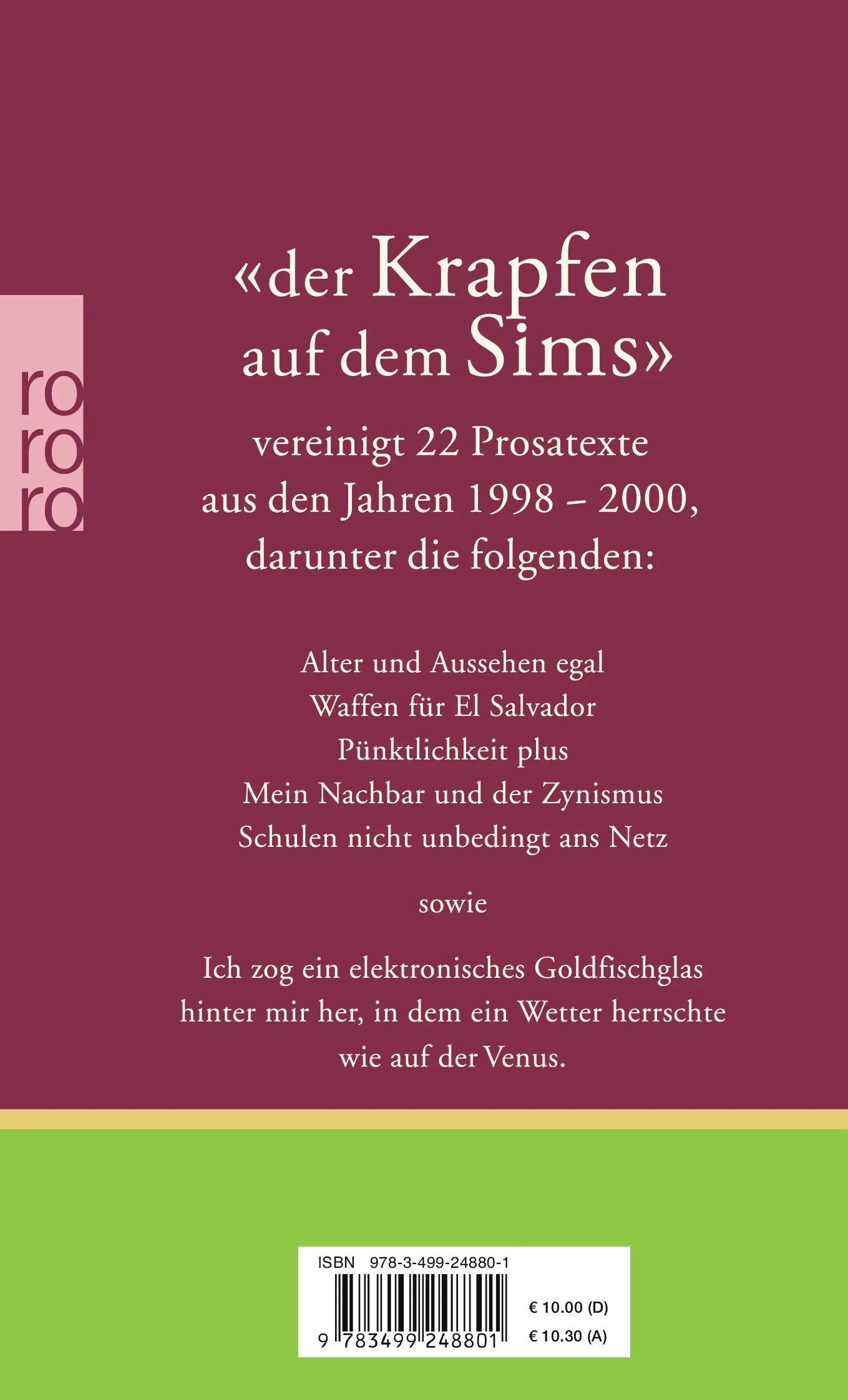 Buchrückseite von 'Der Krapfen auf dem Sims' mit Klappentext - Taschenbuch