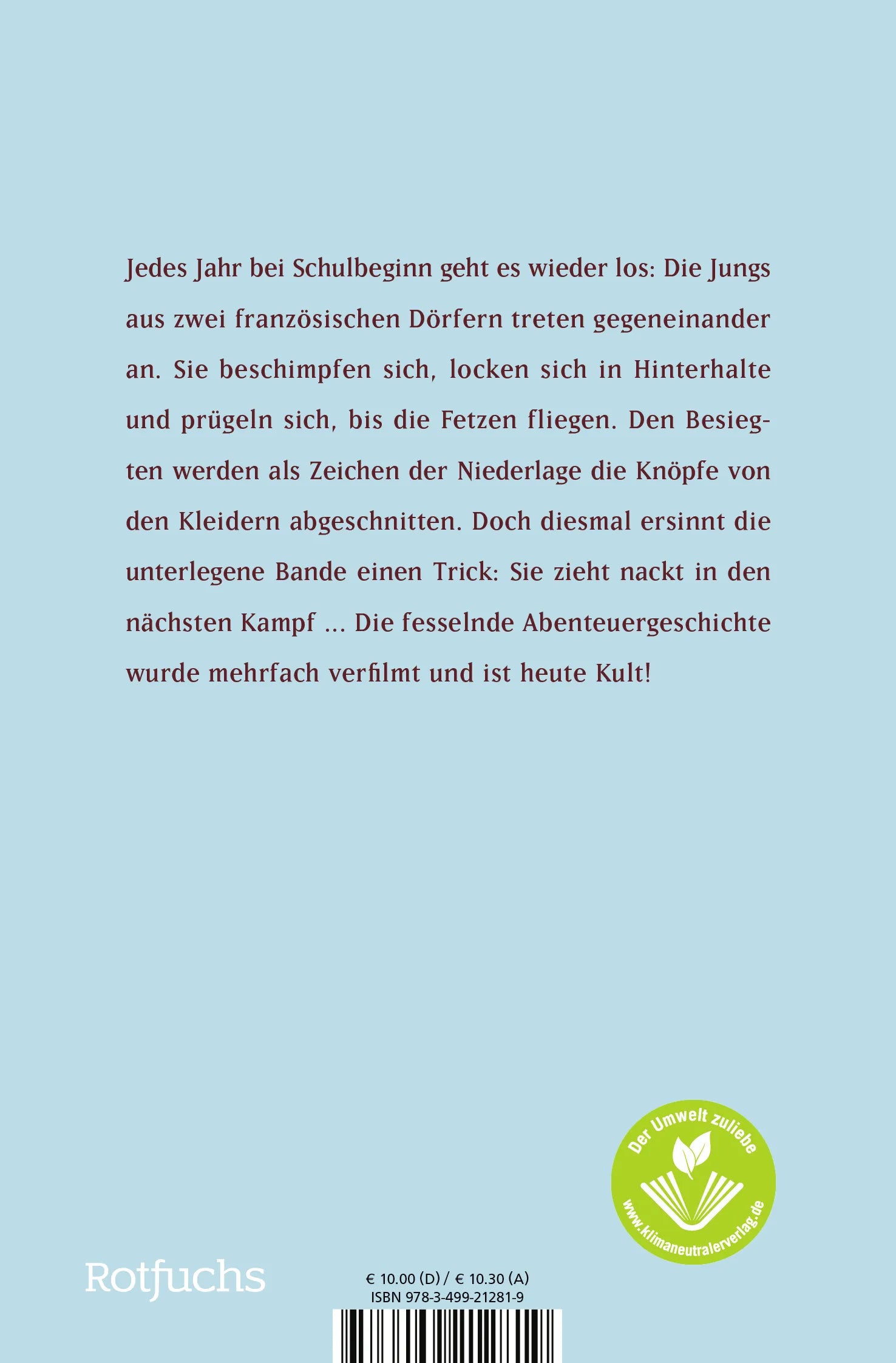 Buchrückseite von 'Der Krieg der Knöpfe' mit Klappentext - Taschenbuch