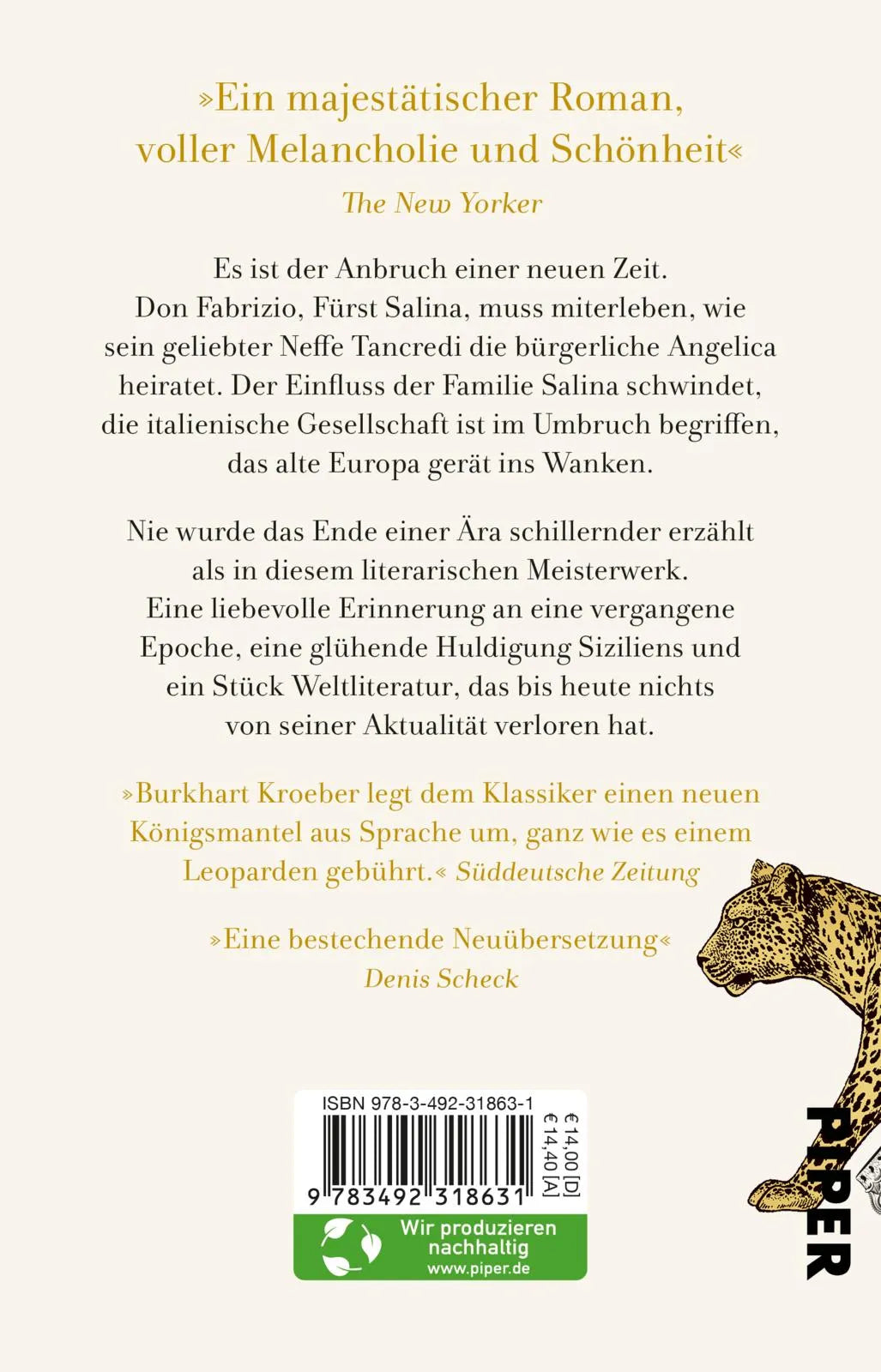 Buchrückseite von 'Der Leopard' mit Klappentext - Taschenbuch
