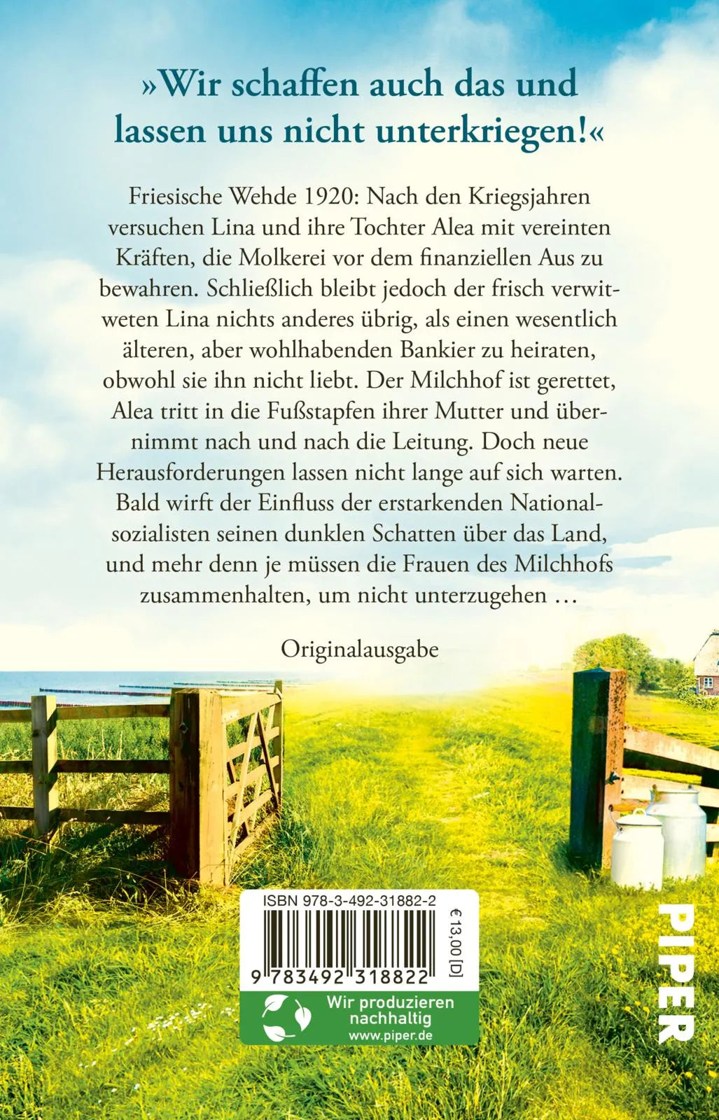 Buchrückseite von 'Der Milchhof – Das Flüstern der Gezeiten' mit Klappentext - Taschenbuch