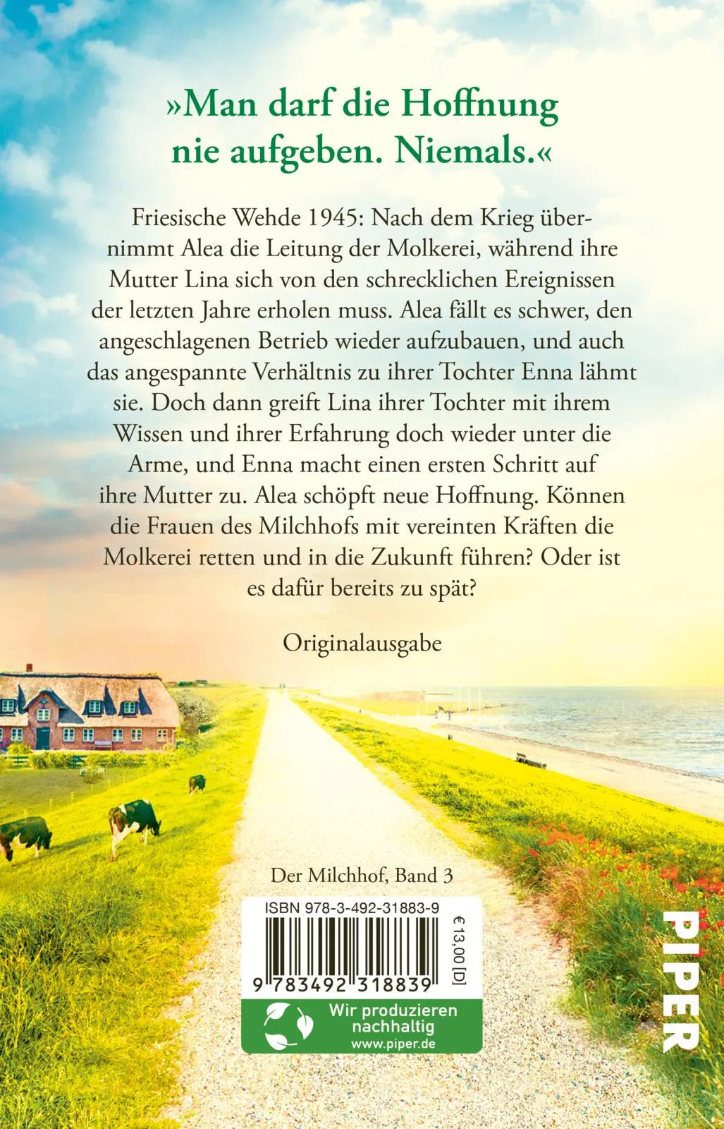 Buchrückseite von 'Der Milchhof – Das Leuchten des Meeres' mit Klappentext - Taschenbuch