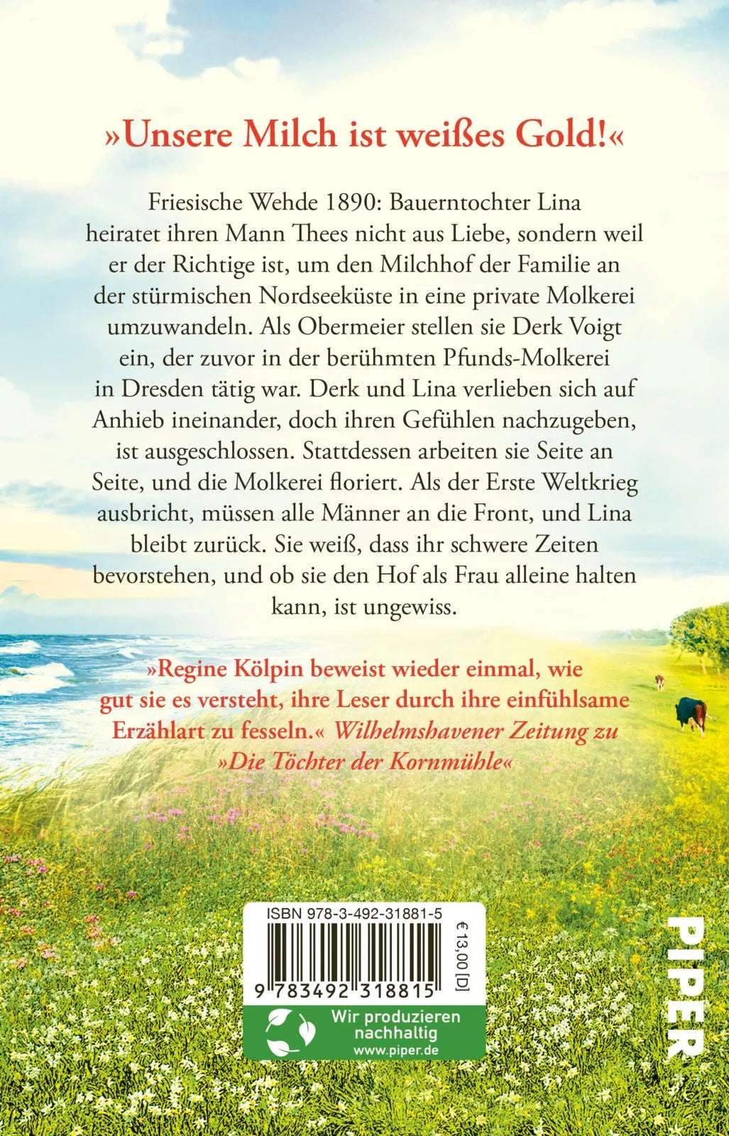 Buchrückseite von 'Der Milchhof – Das Rauschen der Brandung' mit Klappentext - Taschenbuch