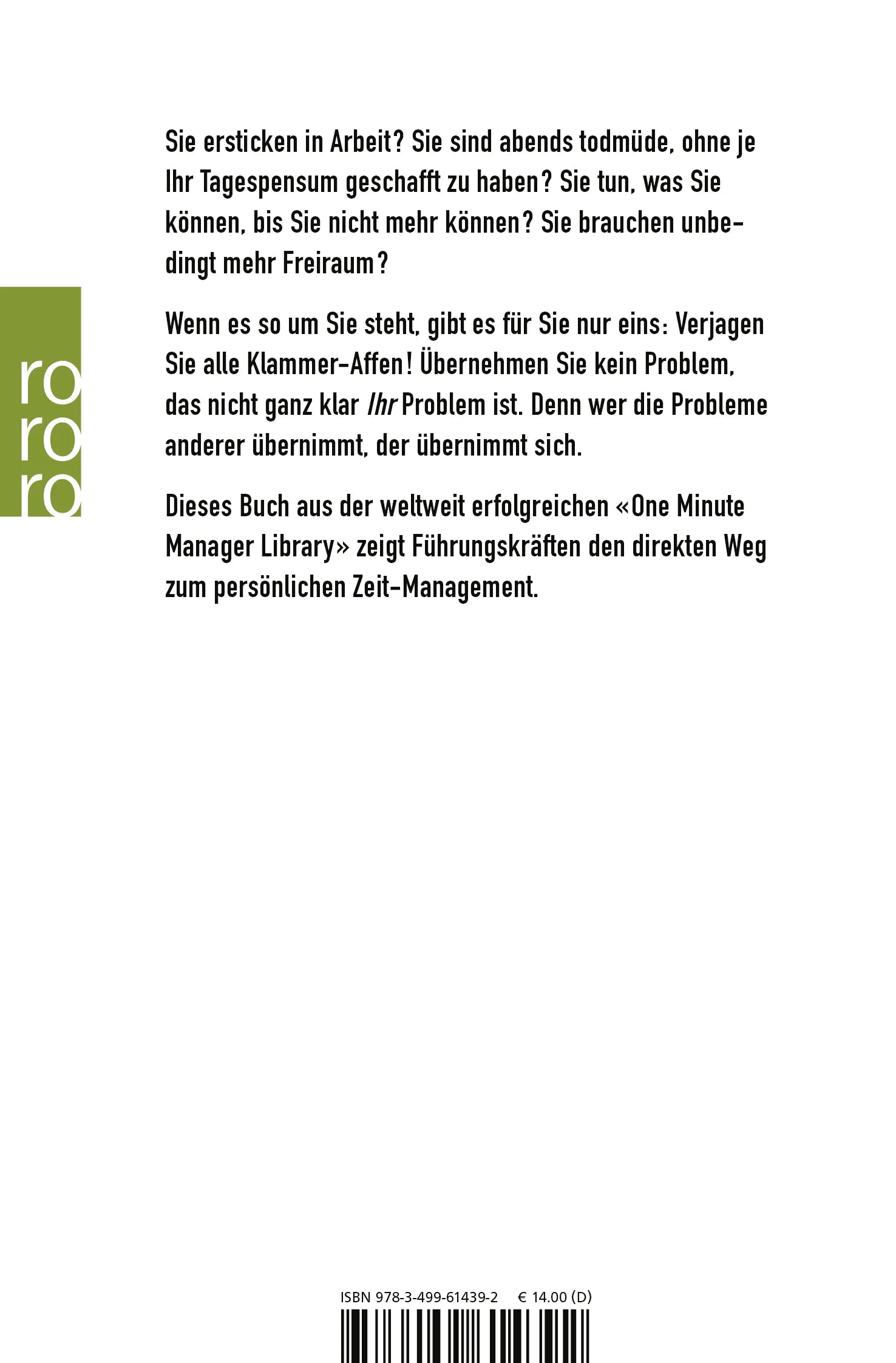 Buchrückseite von 'Der Minuten Manager und der Klammer-Affe' mit Klappentext - Taschenbuch