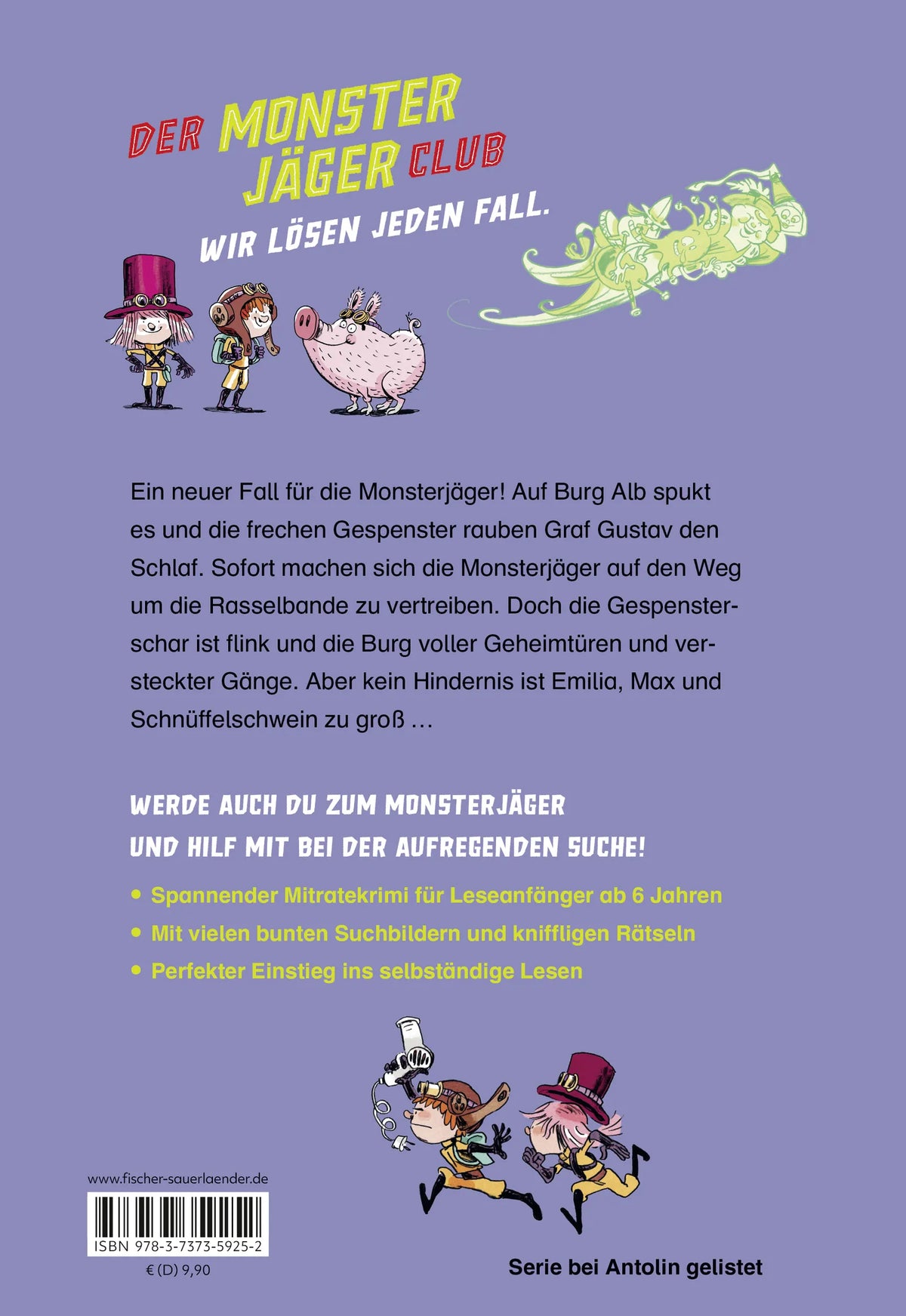 Buchrückseite von 'Der Monsterjäger-Club 2 – Spuk auf Burg Alb' mit Klappentext - Gebundene Ausgabe
