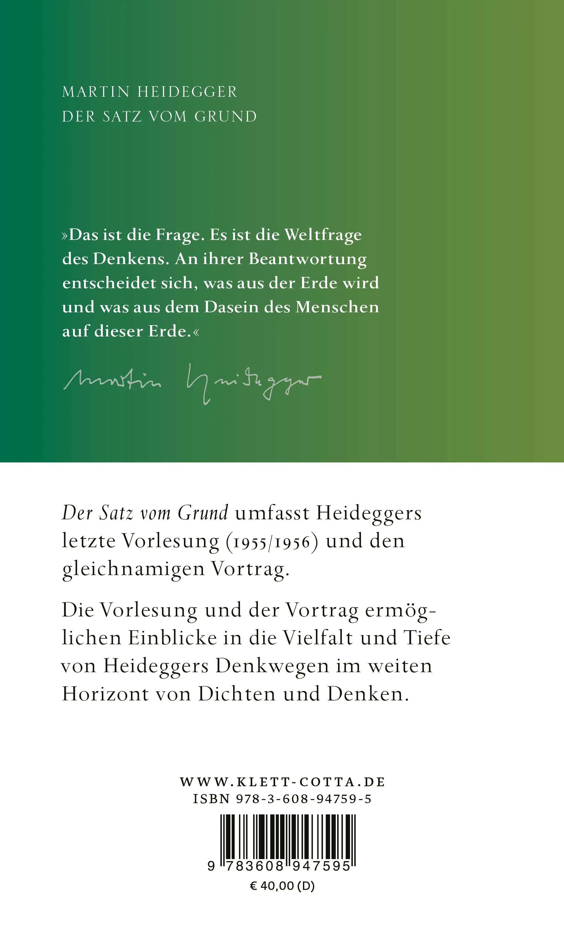 Buchrückseite von 'Der Satz vom Grund' mit Klappentext - Gebundene Ausgabe