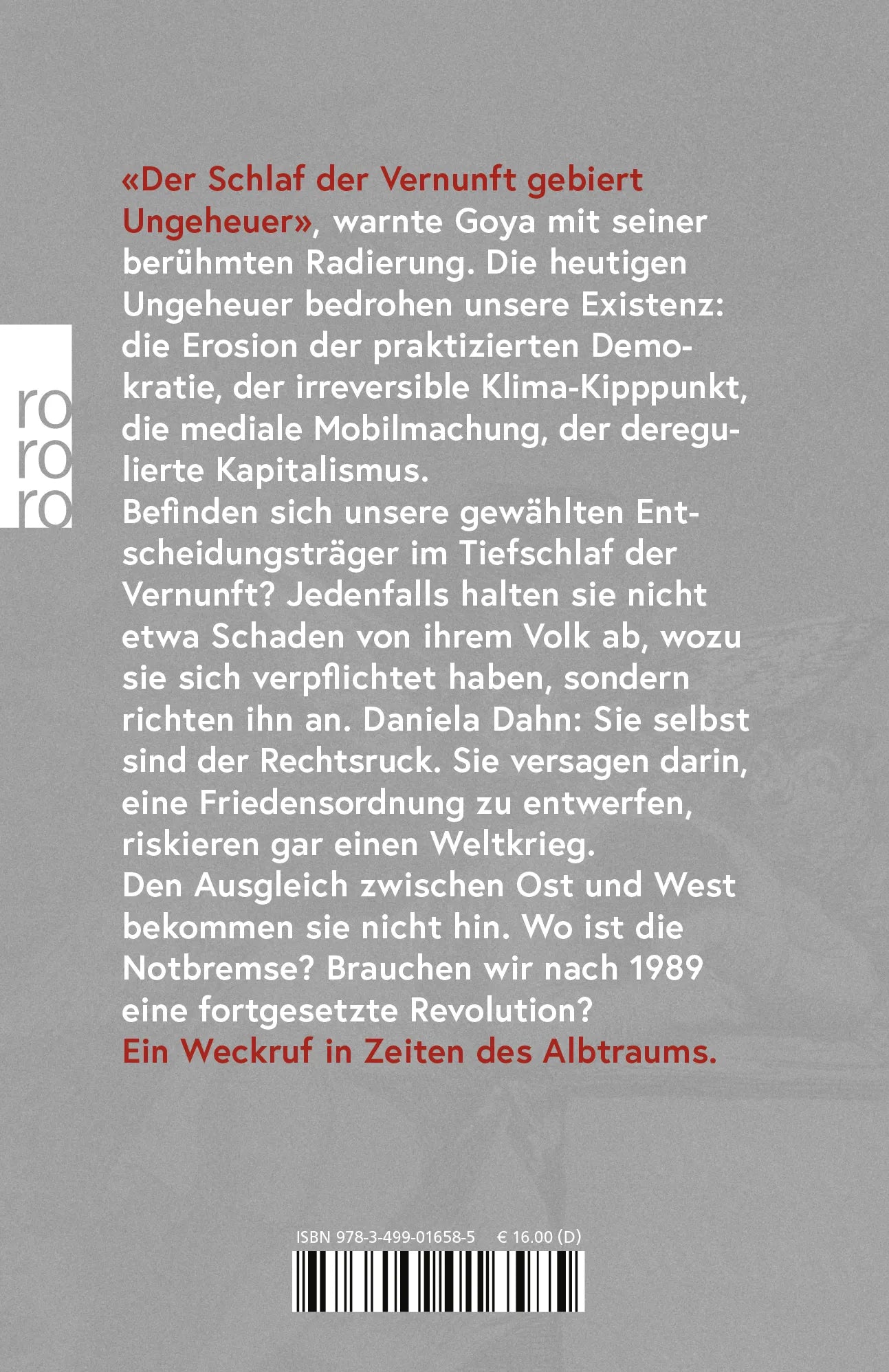 Buchrückseite von 'Der Schlaf der Vernunft' mit Klappentext - Gebundene Ausgabe