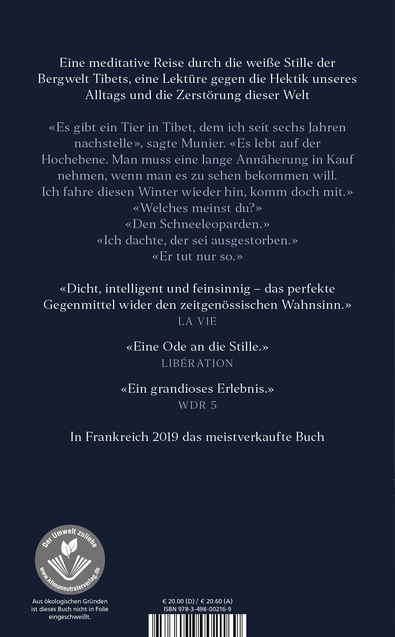 Buchrückseite von 'Der Schneeleopard' mit Klappentext - Gebundene Ausgabe