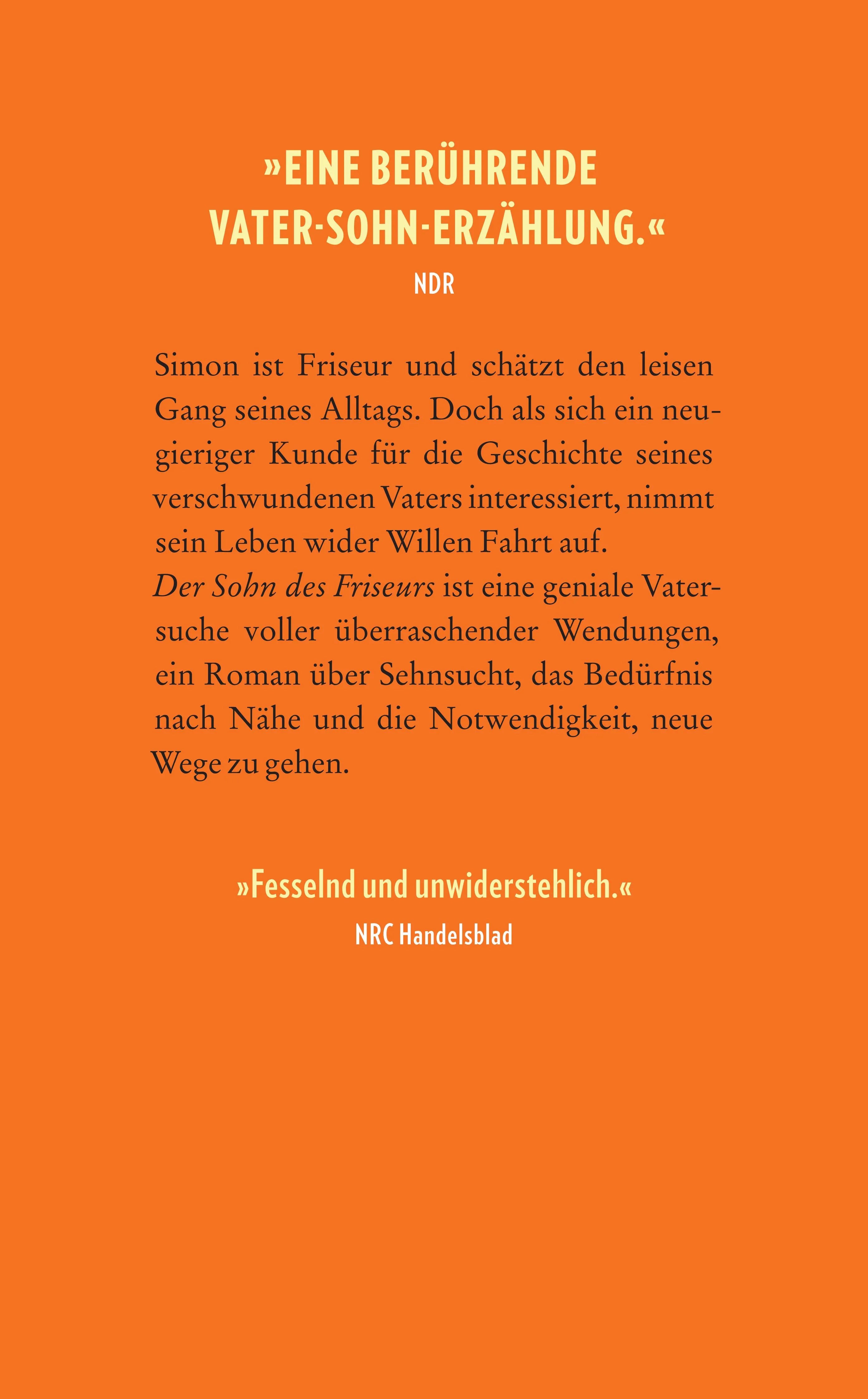 Buchrückseite von 'Der Sohn des Friseurs' mit Klappentext - Taschenbuch