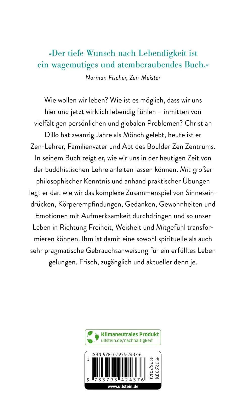 Buchrückseite von 'Der tiefe Wunsch nach Lebendigkeit' mit Klappentext - Gebundene Ausgabe