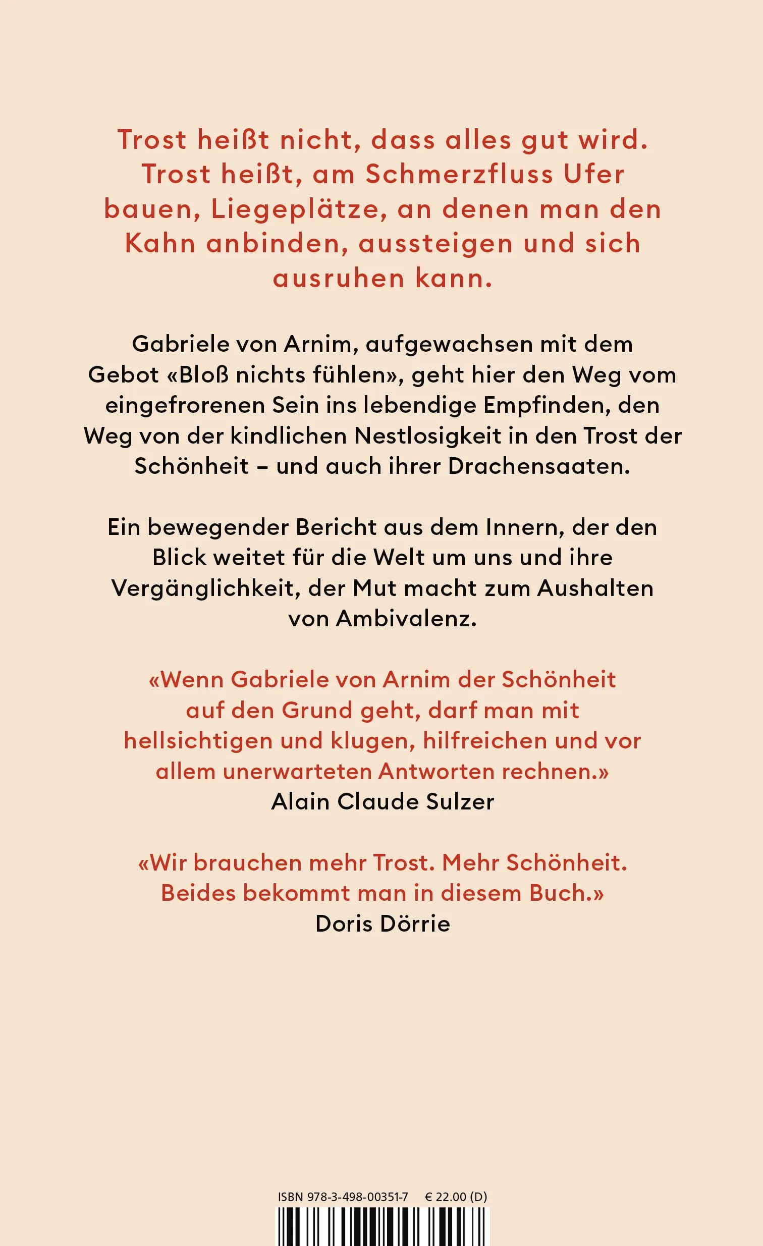 Buchrückseite von 'Der Trost der Schönheit' mit Klappentext - Gebundene Ausgabe