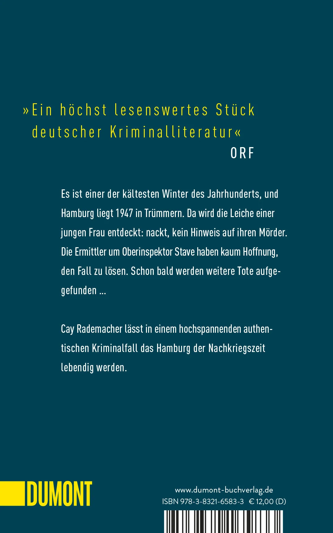 Buchrückseite von 'Der Trümmermörder' mit Klappentext - Gebundene Ausgabe