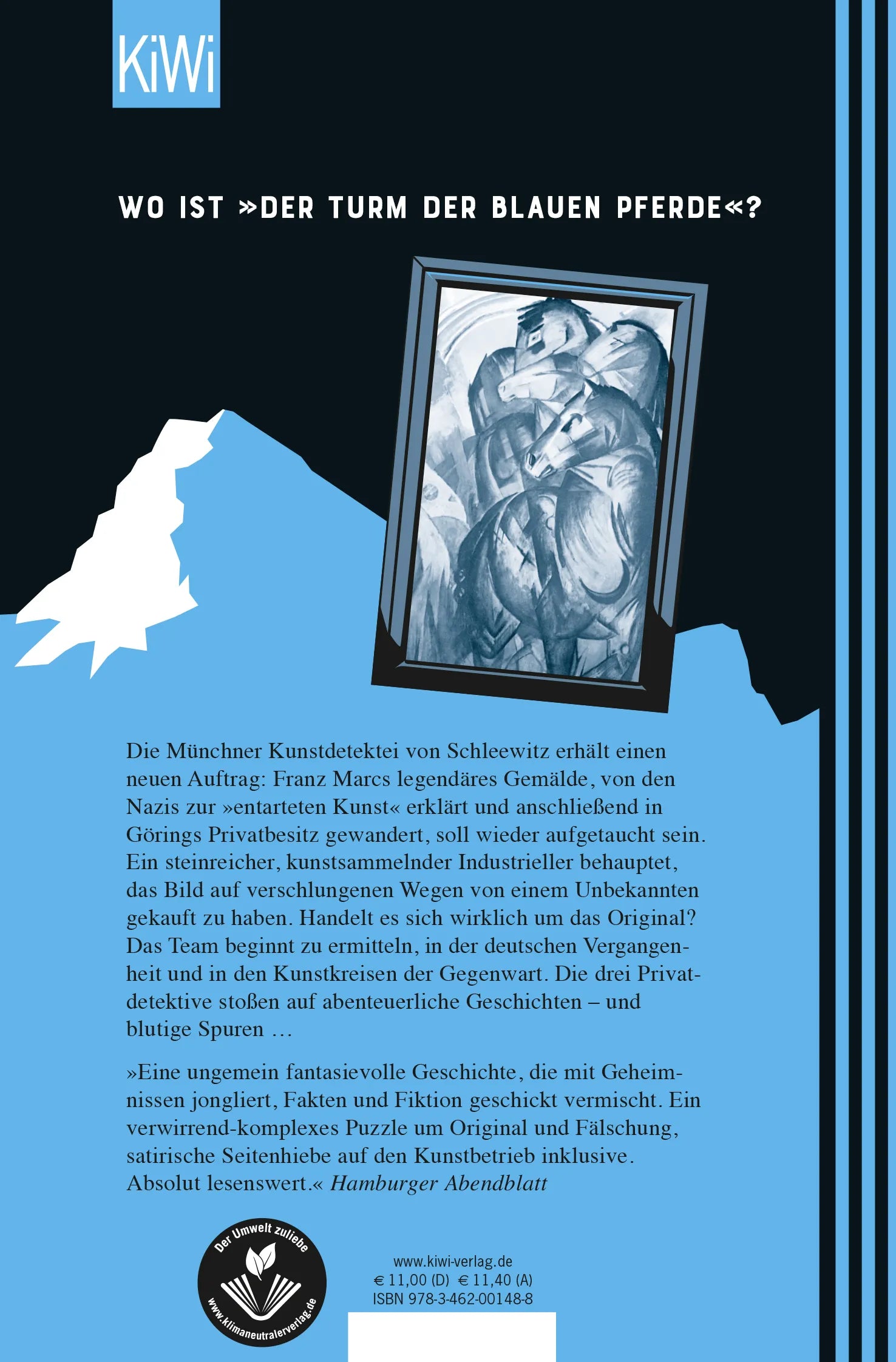 Buchrückseite von 'Der Turm der blauen Pferde' mit Klappentext - Taschenbuch
