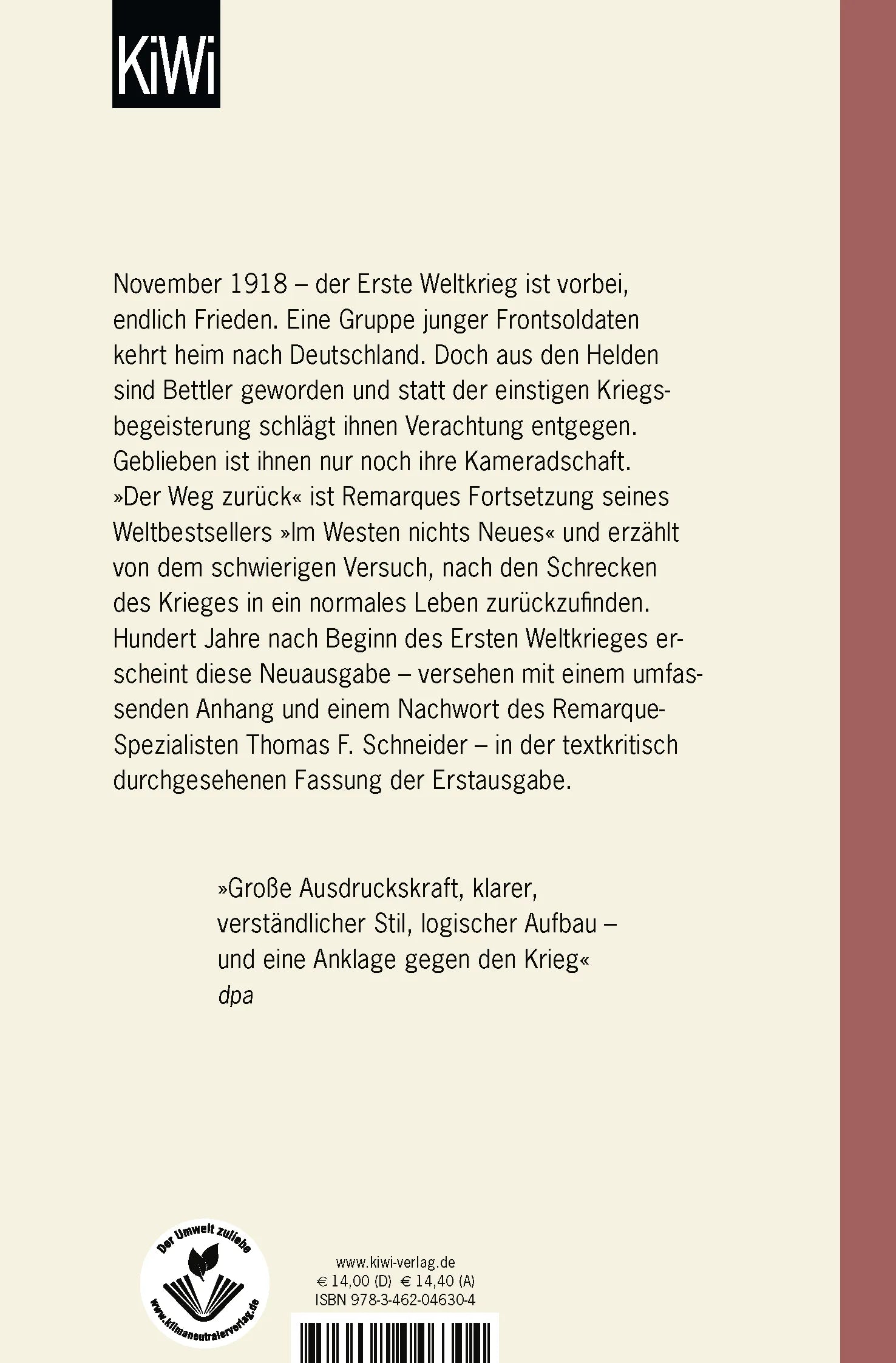 Buchrückseite von 'Der Weg zurück' mit Klappentext - Taschenbuch