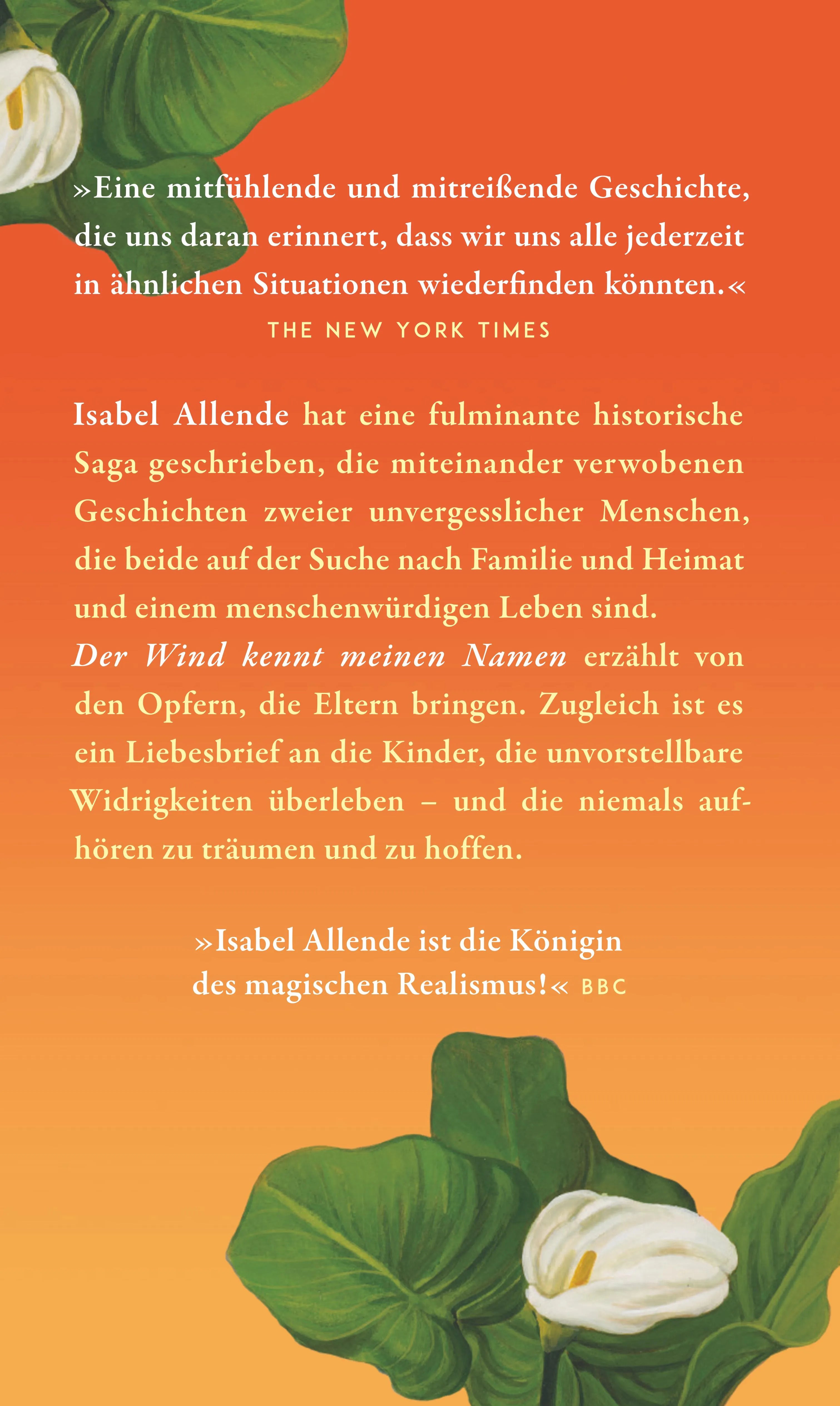 Buchrückseite von 'Der Wind kennt meinen Namen' mit Klappentext - Gebundene Ausgabe