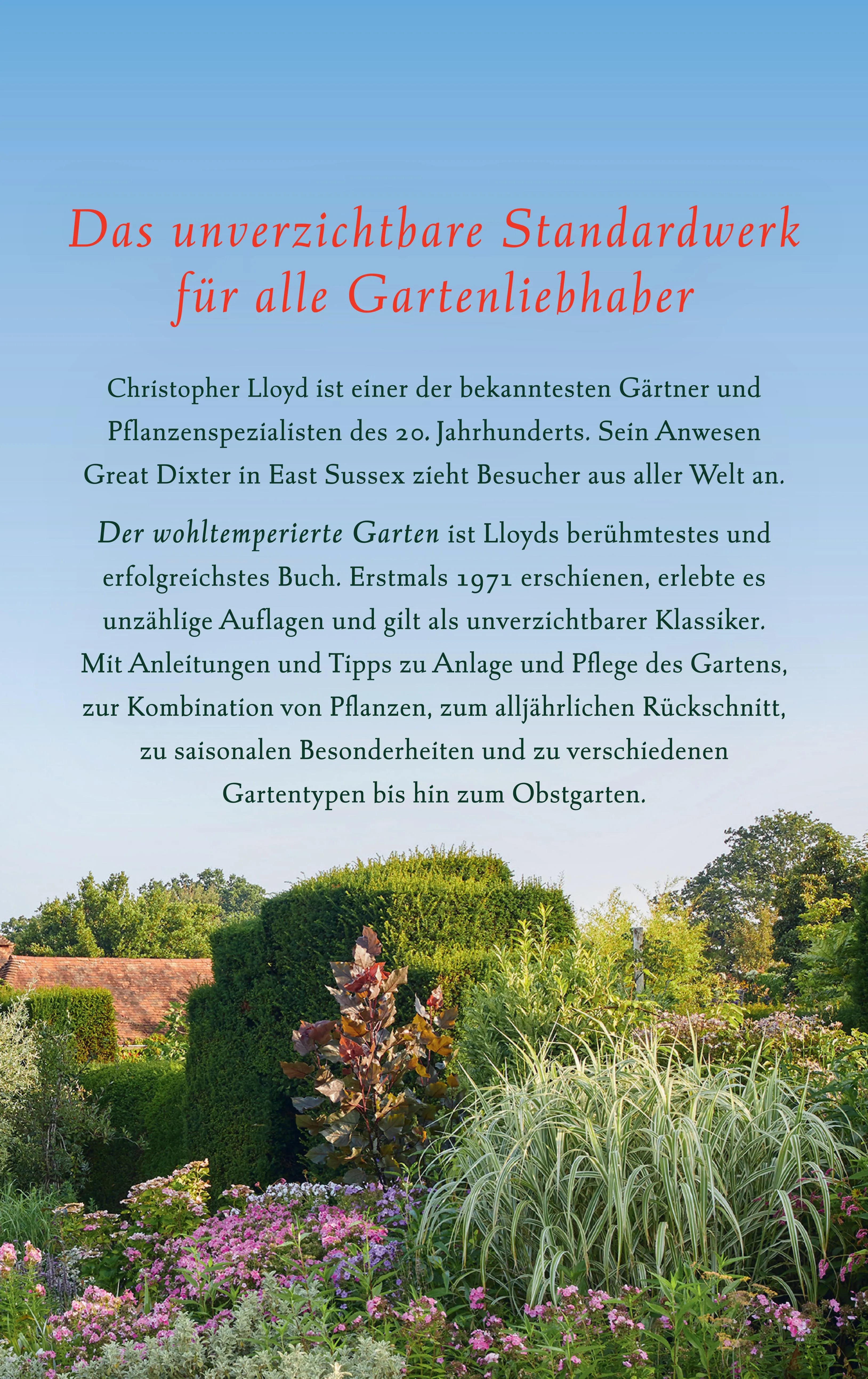 Buchrückseite von 'Der wohltemperierte Garten' mit Klappentext - Gebundene Ausgabe