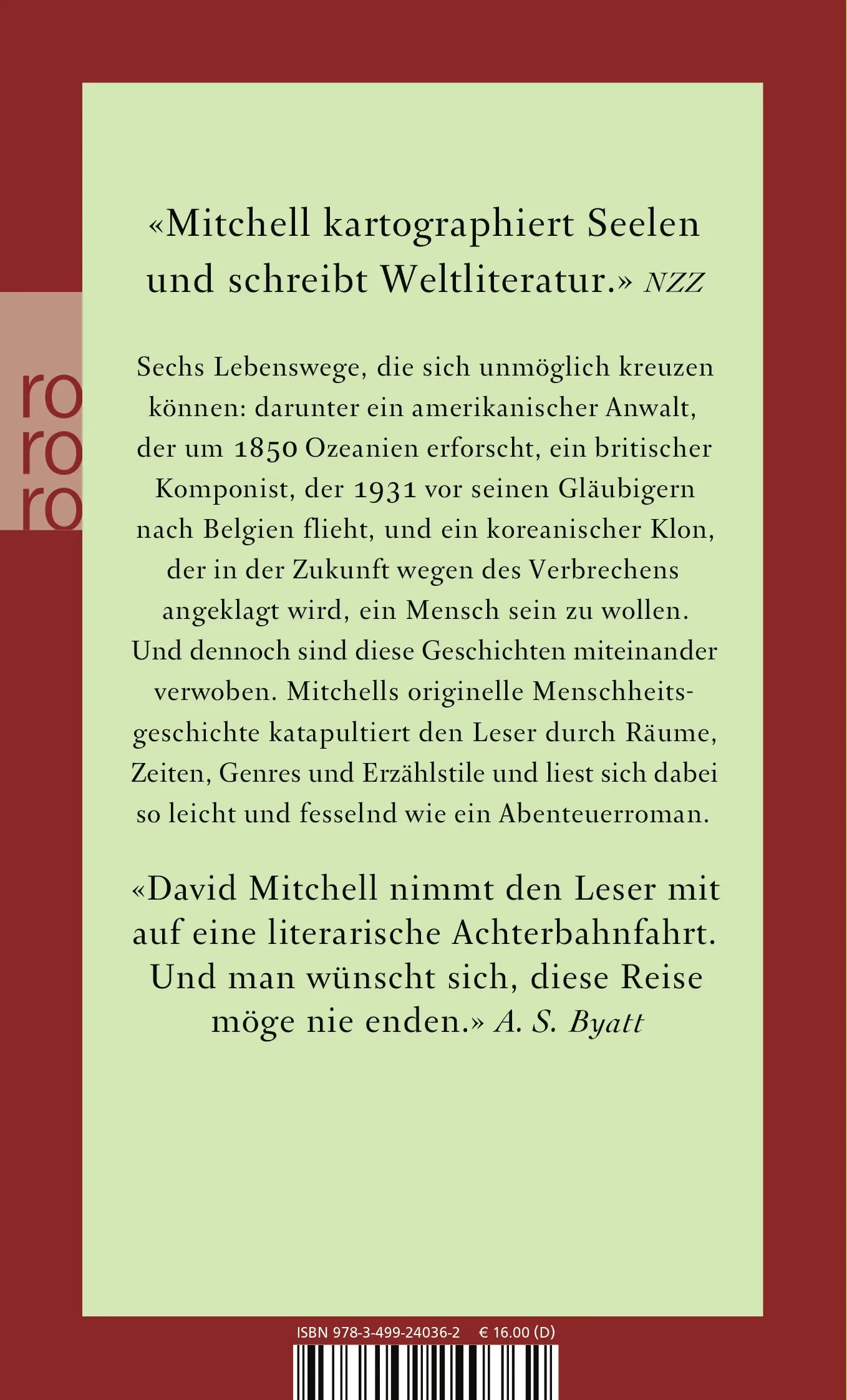 Buchrückseite von 'Der Wolkenatlas' mit Klappentext - Taschenbuch