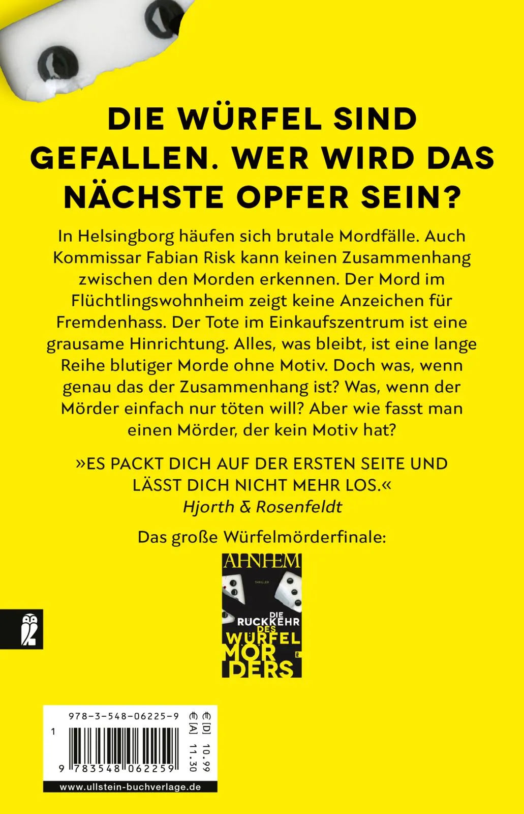 Buchrückseite von 'Der Würfelmörder' mit Klappentext - Taschenbuch