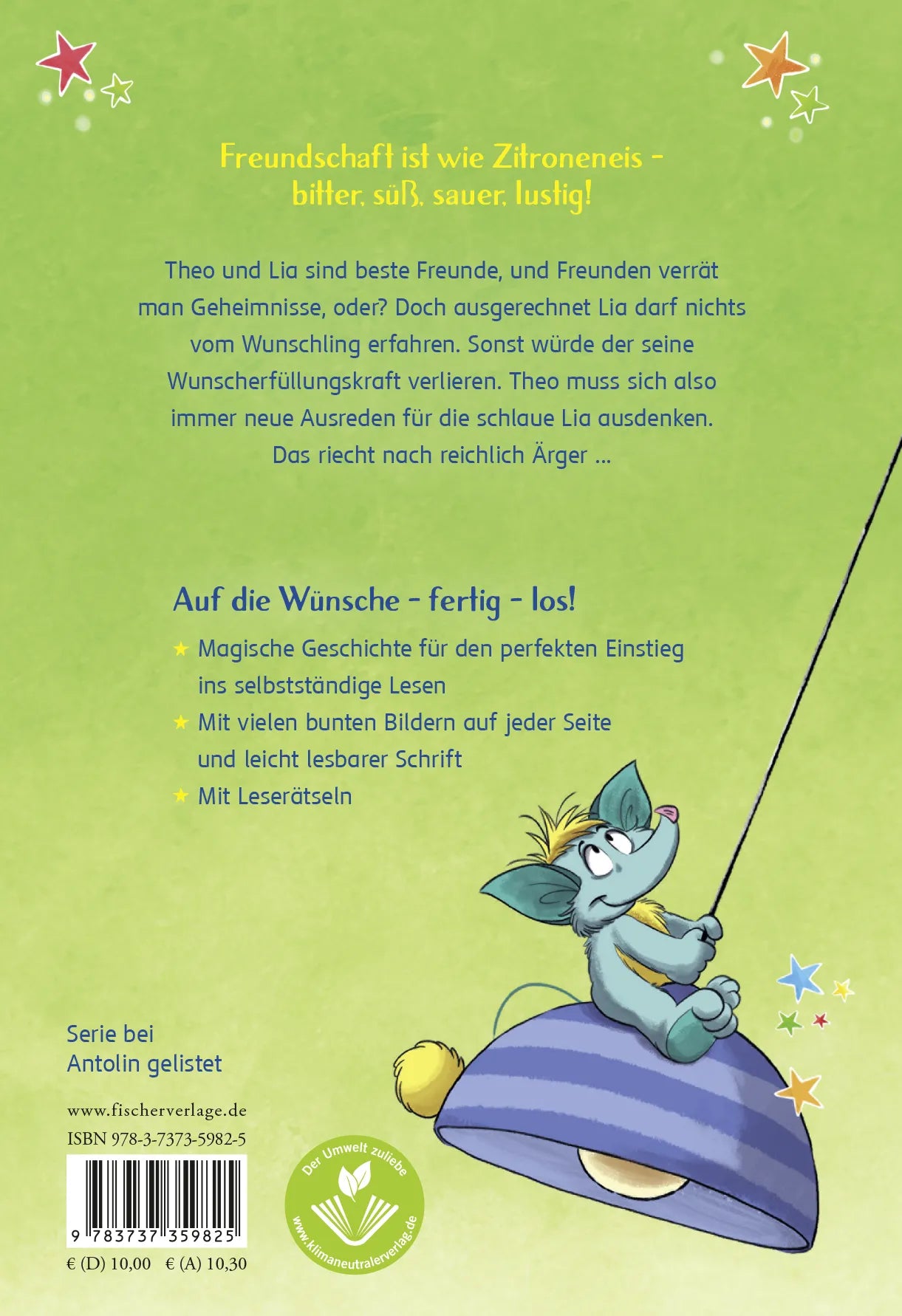 Buchrückseite von 'Der Wunschling – Freundschaft ist wie Zitroneneis' mit Klappentext - Gebundene Ausgabe