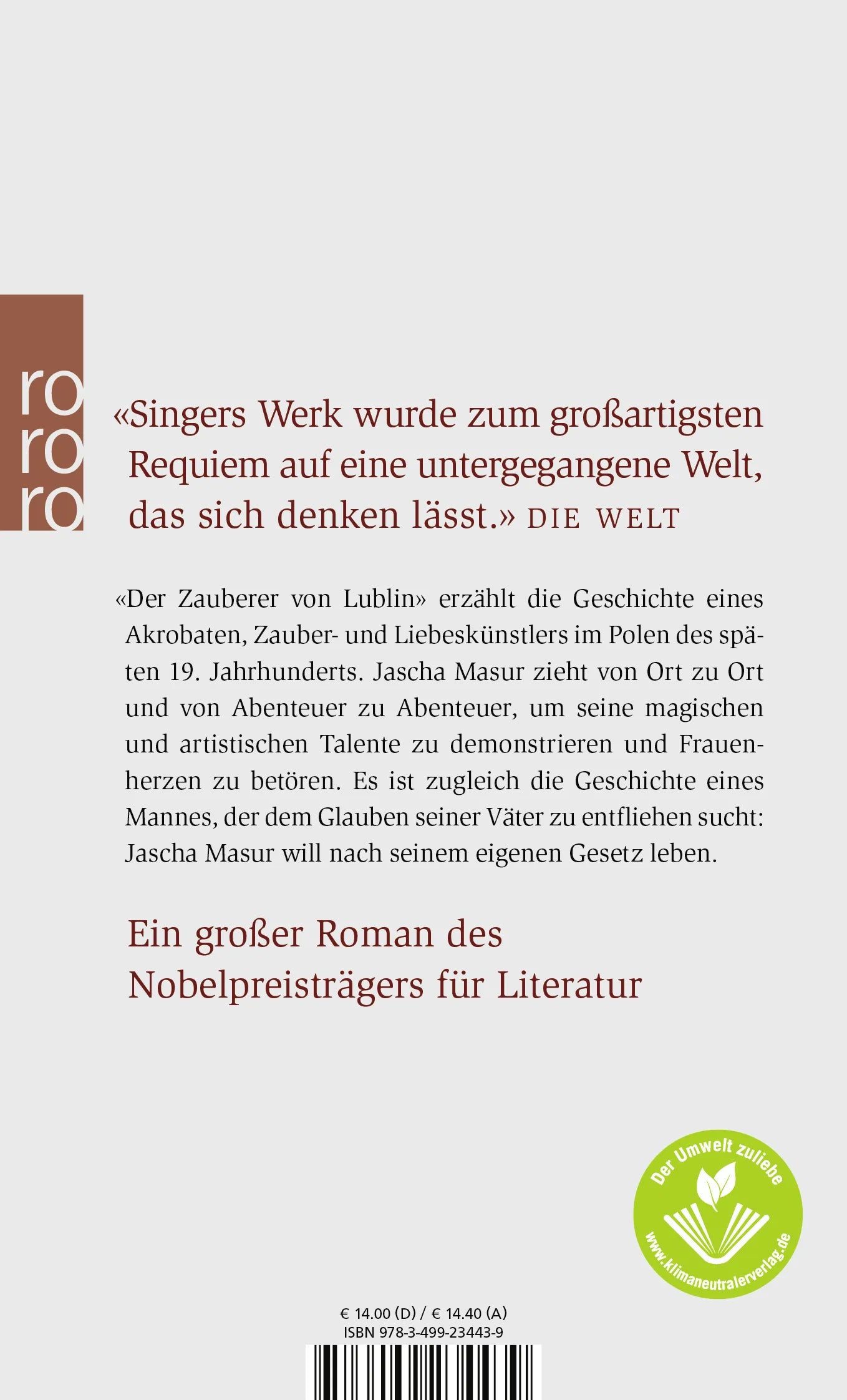 Buchrückseite von 'Der Zauberer von Lublin' mit Klappentext - Taschenbuch