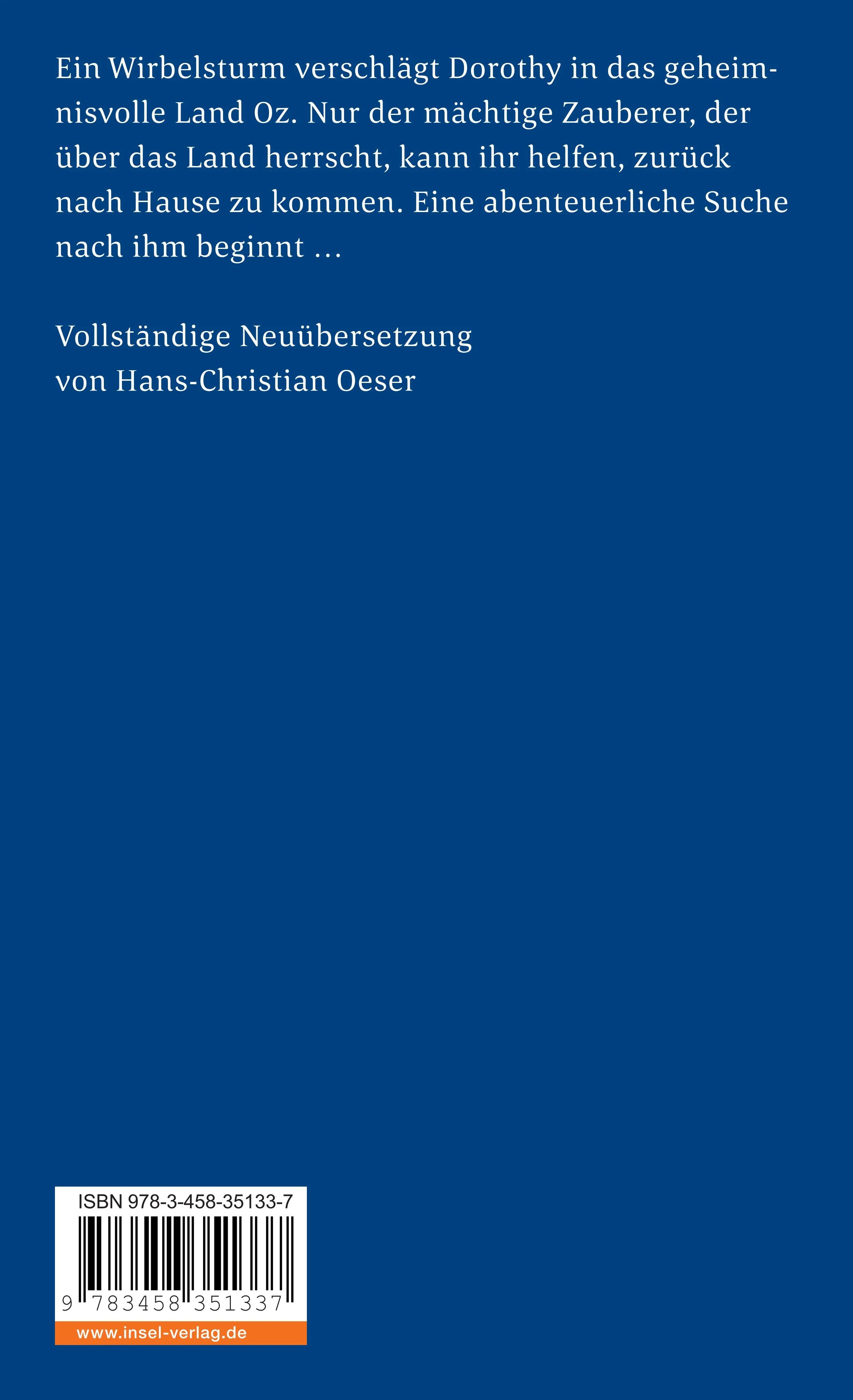 Buchrückseite von 'Der Zauberer von Oz' mit Klappentext - Taschenbuch