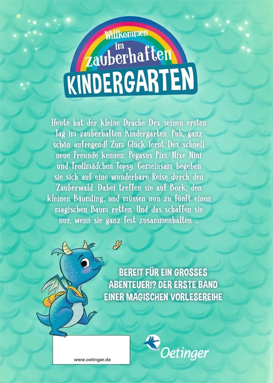 Buchrückseite von 'Der zauberhafte Kindergarten 1. Drachen gibt's, die gibt's gar nicht' mit Klappentext - Gebundene Ausgabe