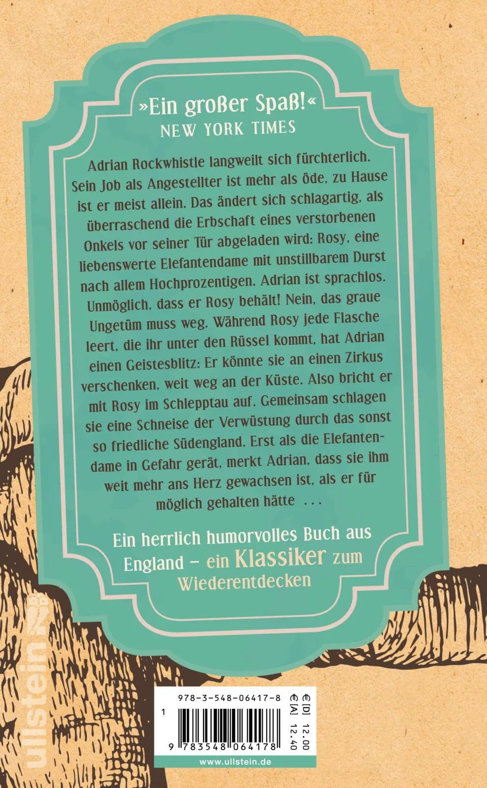 Buchrückseite von 'Die aberwitzige Reise eines betrunkenen Elefanten' mit Klappentext - Gebundene Ausgabe