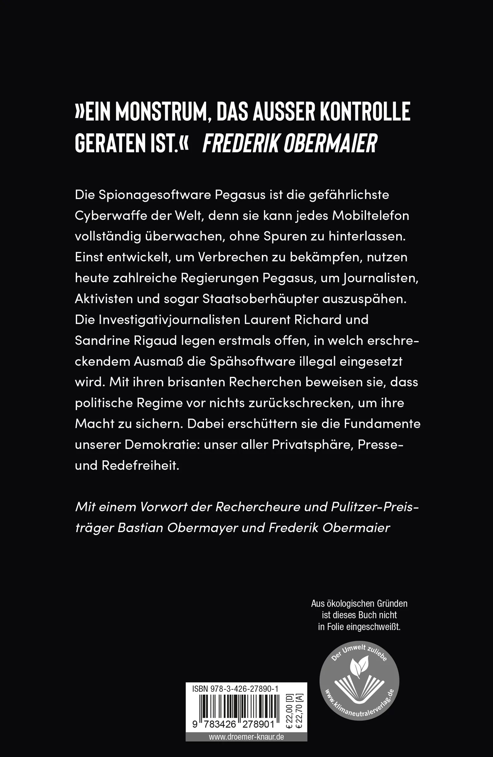 Buchrückseite von 'Die Akte Pegasus' mit Klappentext - Gebundene Ausgabe