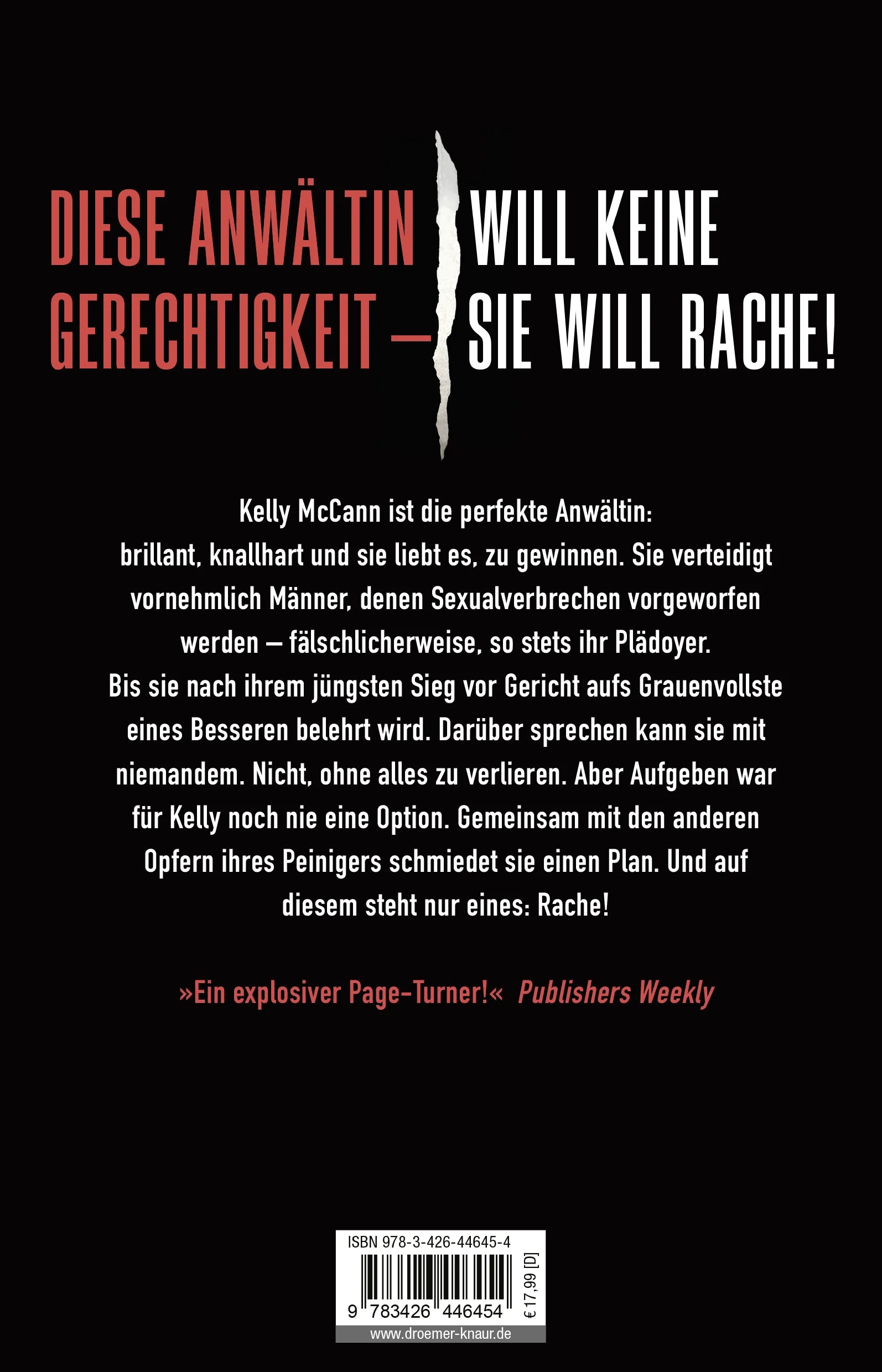 Buchrückseite von 'Die Anwältin' mit Klappentext - Paperback